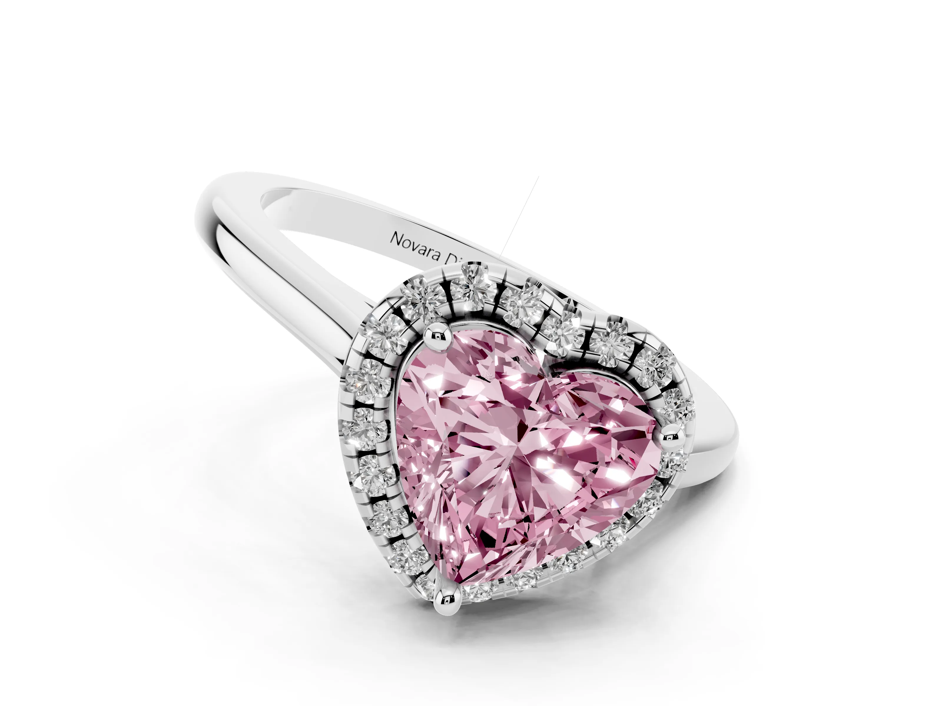 Fancy Pink Heart Cut Diamond Halo Engagement Ring Set in Platinum with Pavé Band and Rising Shoulders