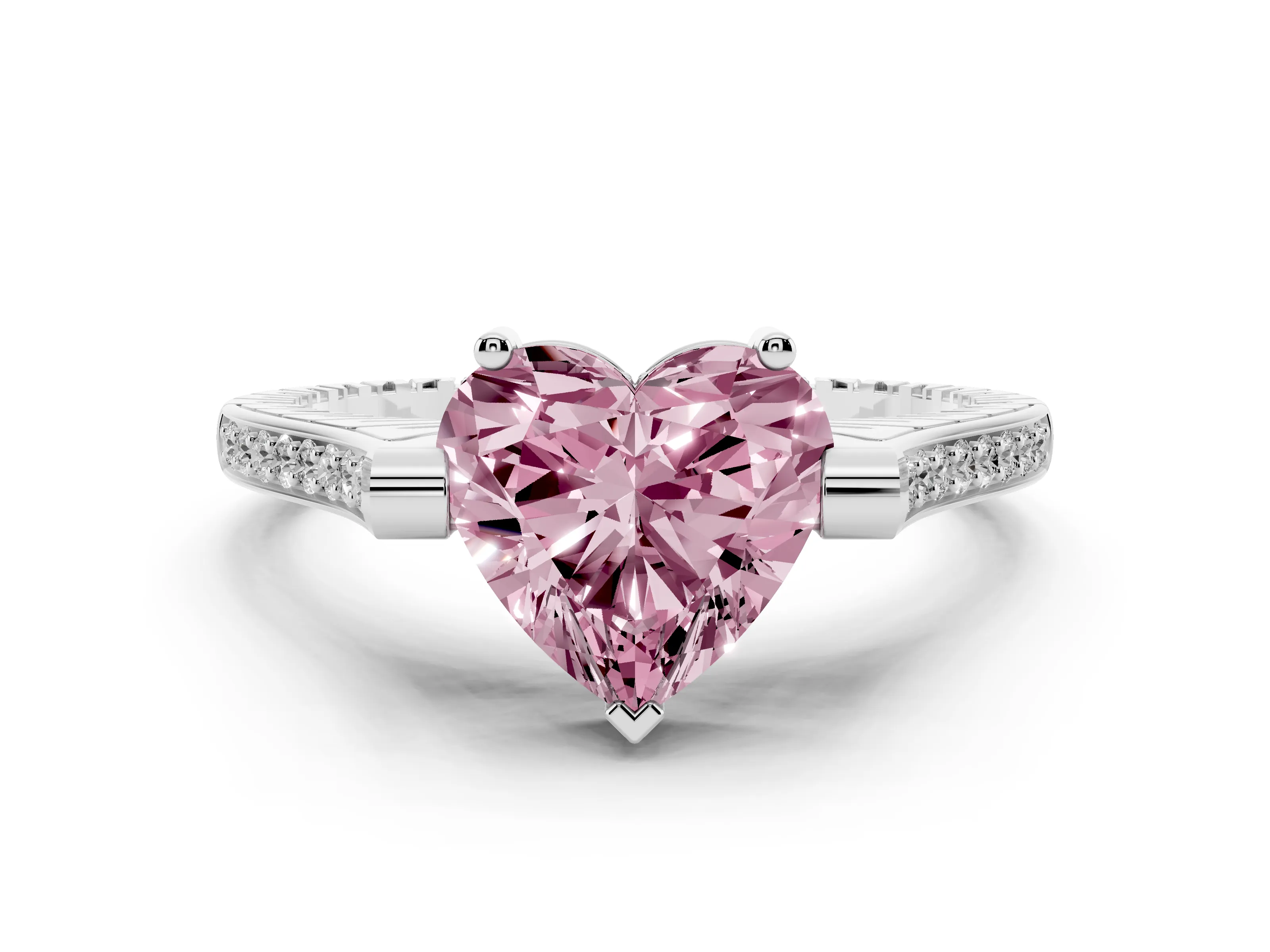 Fancy Pink Heart Cut Diamond Solitaire Ring Set in Platinum with Channel Set Band and Bezel Prong Setting