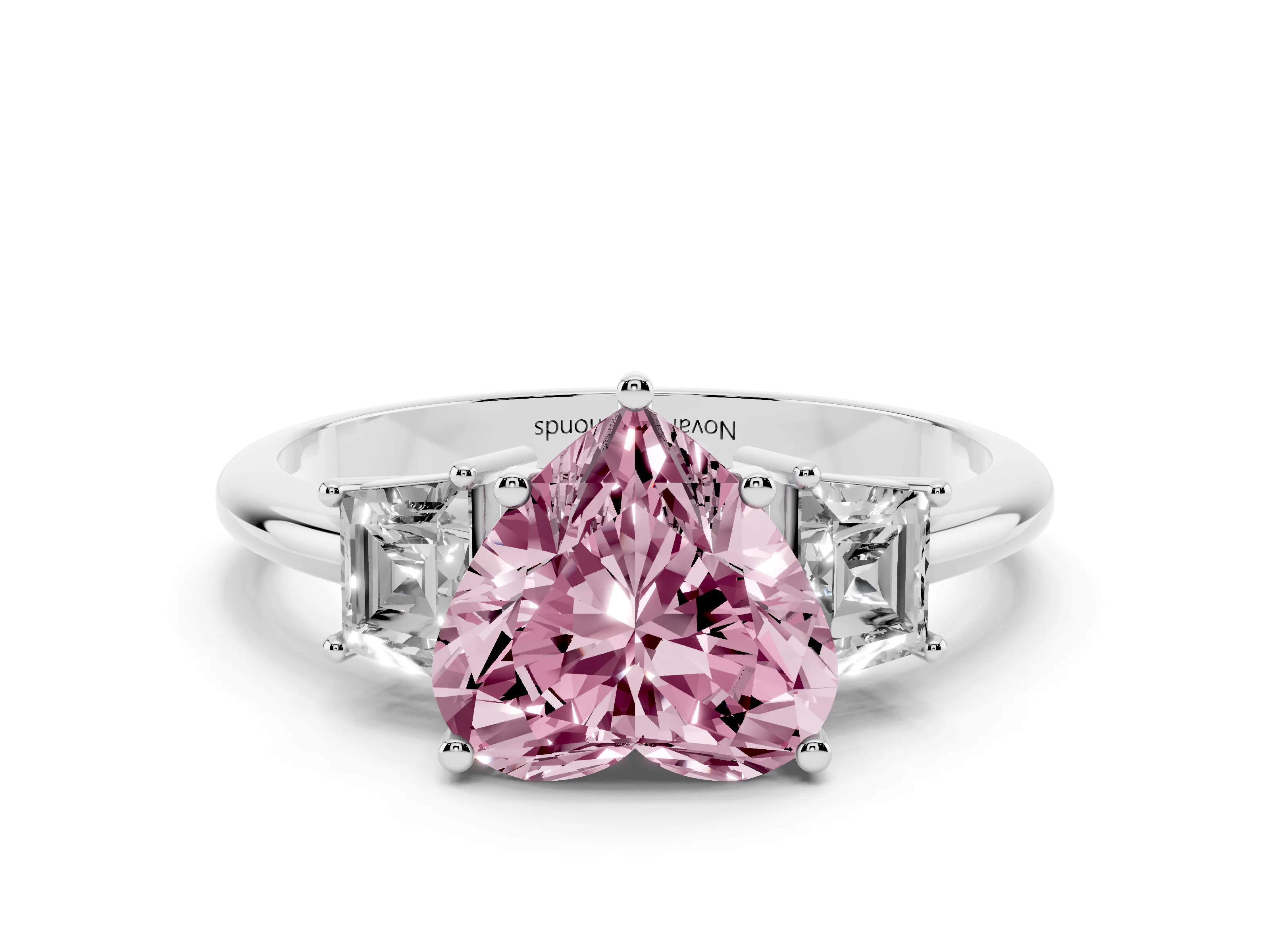 Fancy Pink Heart Cut Diamond Three-Stone Ring Set in Silver with Trapezoid Side Stones and Prong Setting