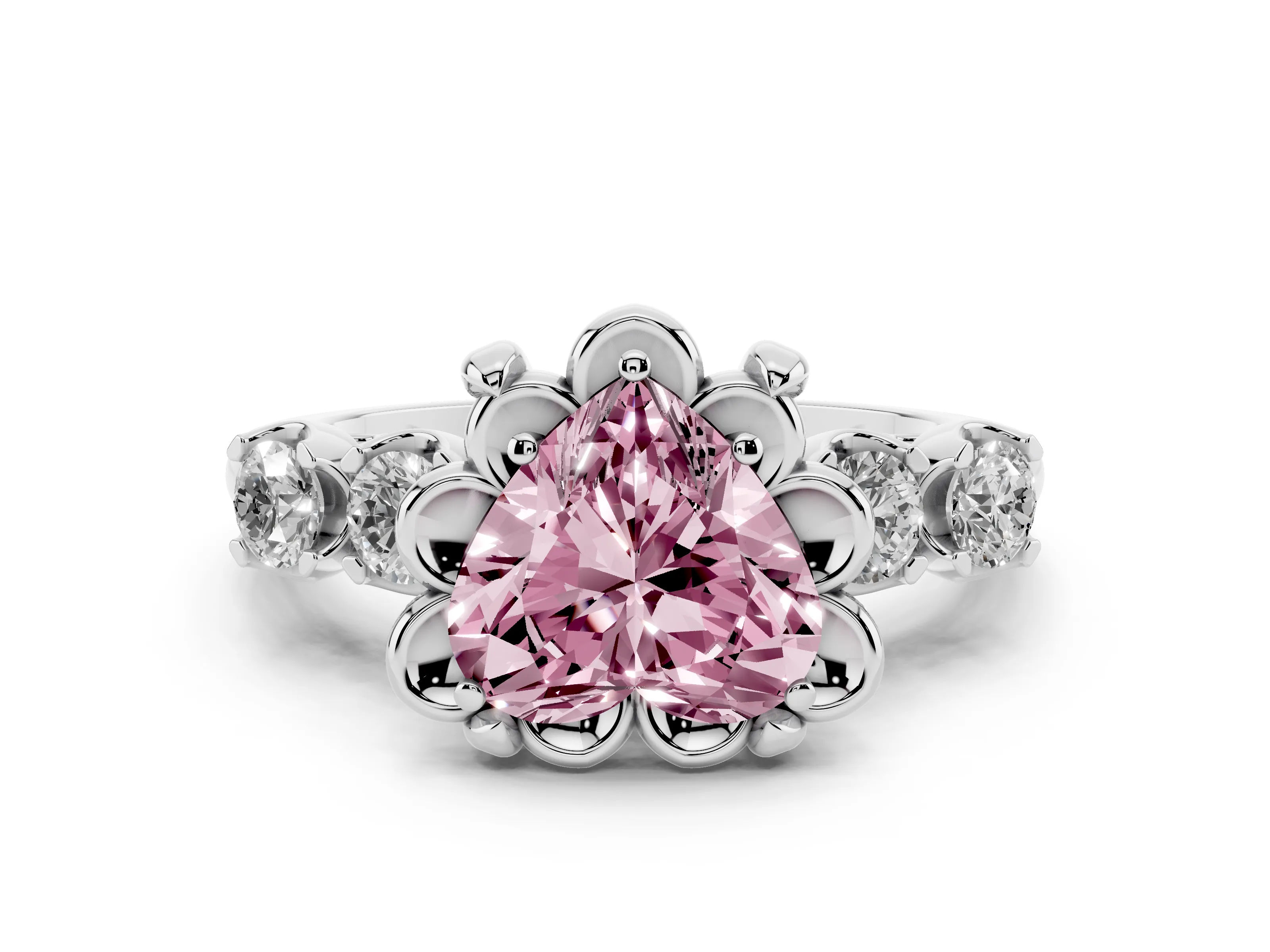 Fancy Pink Heart Cut Diamond Floral Halo Ring Set in Silver with Shared Prong Band