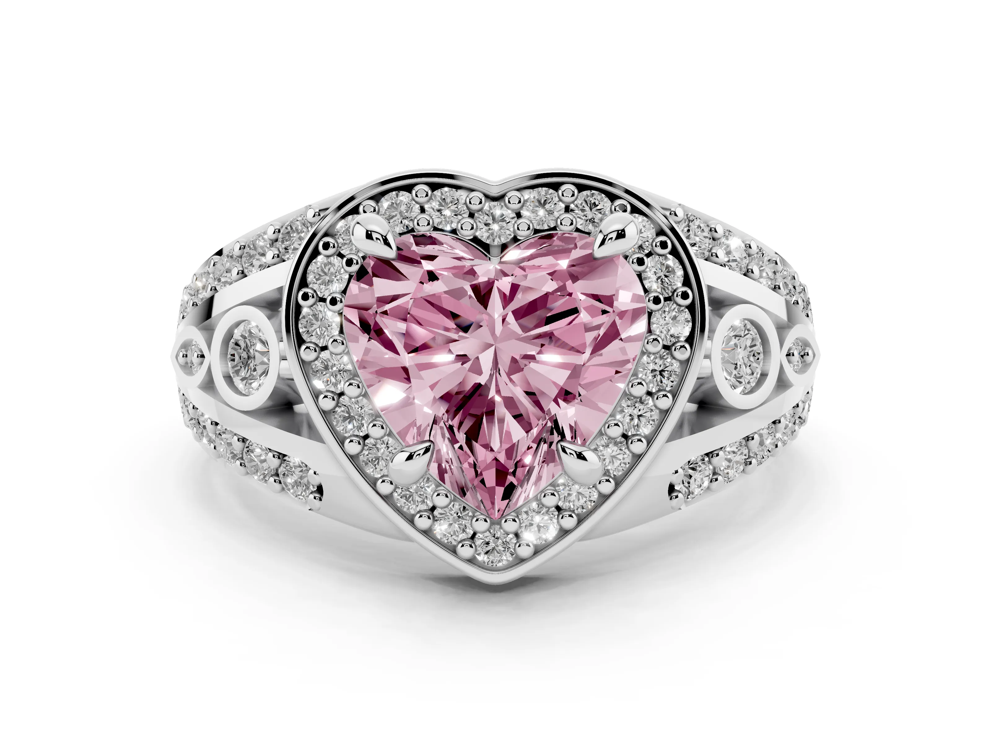 Fancy Pink Heart Cut Diamond Halo Ring Set in Silver with Pavé Split Shank and Bezel Accents