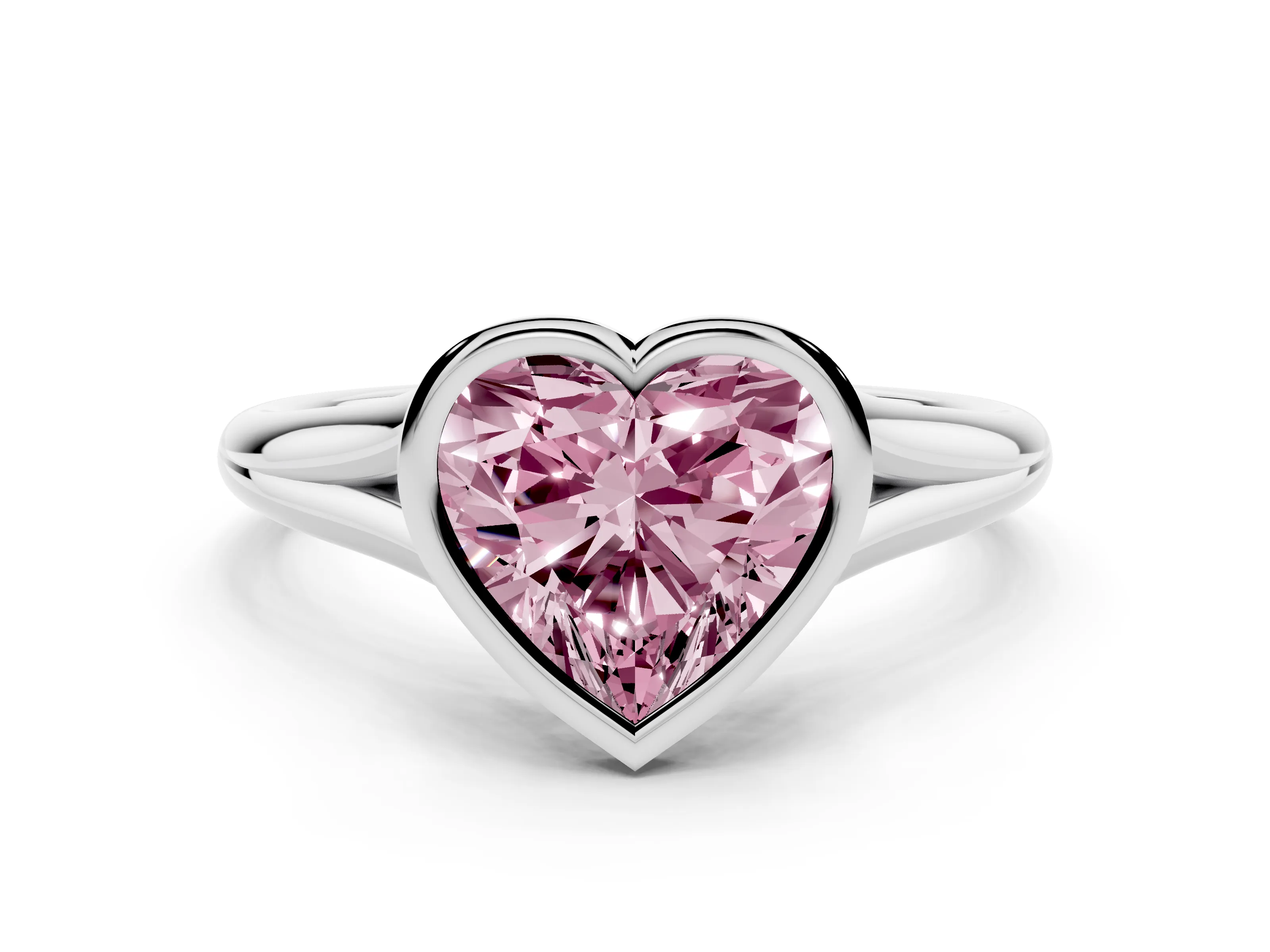 Fancy Pink Bezel Set Heart Cut Diamond Solitaire Ring Set in Platinum with Tapered Band