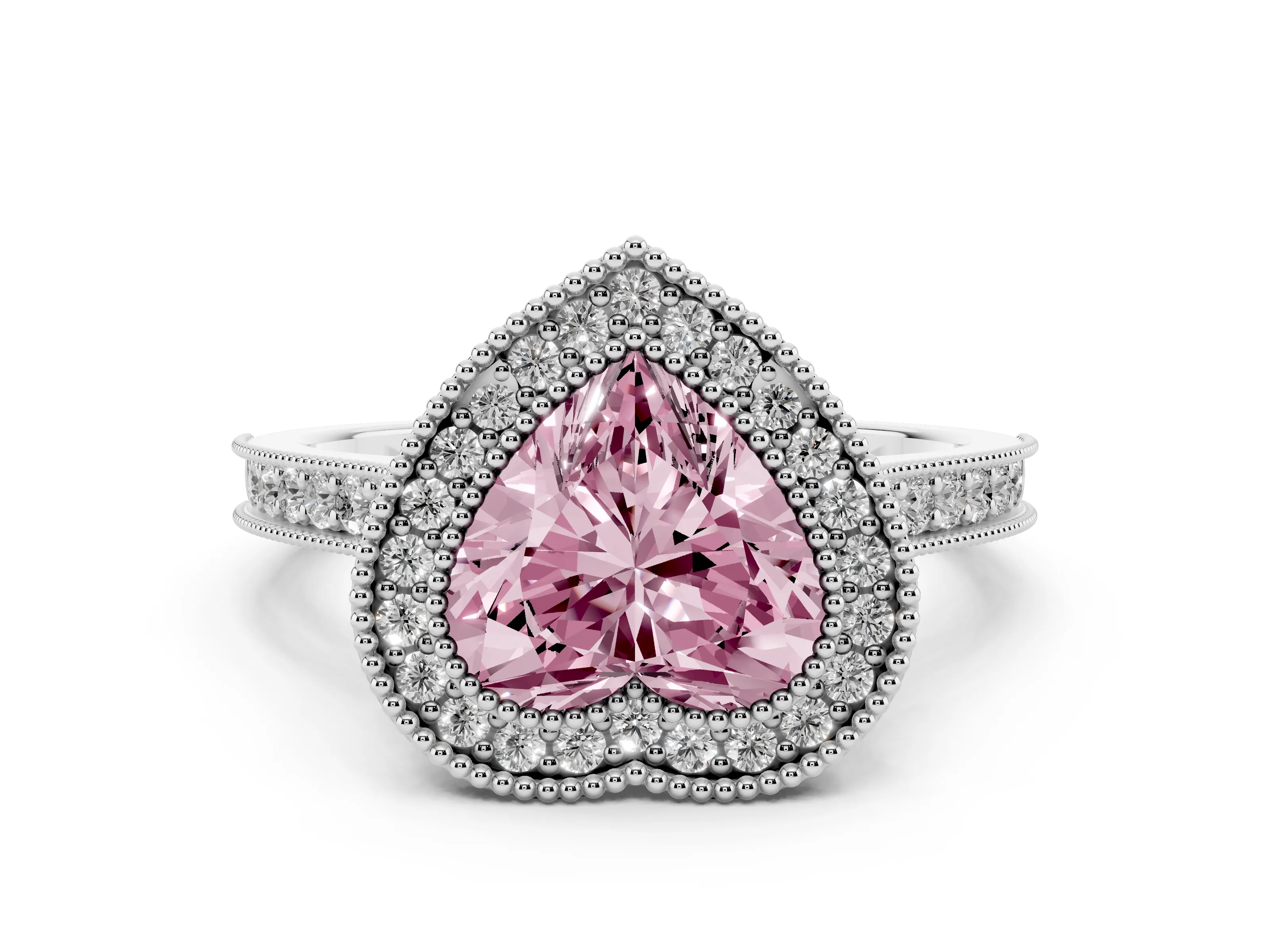 Fancy Pink Heart Cut Diamond Halo Milgrain Pavé Band Ring Set in Platinum with Prong Setting