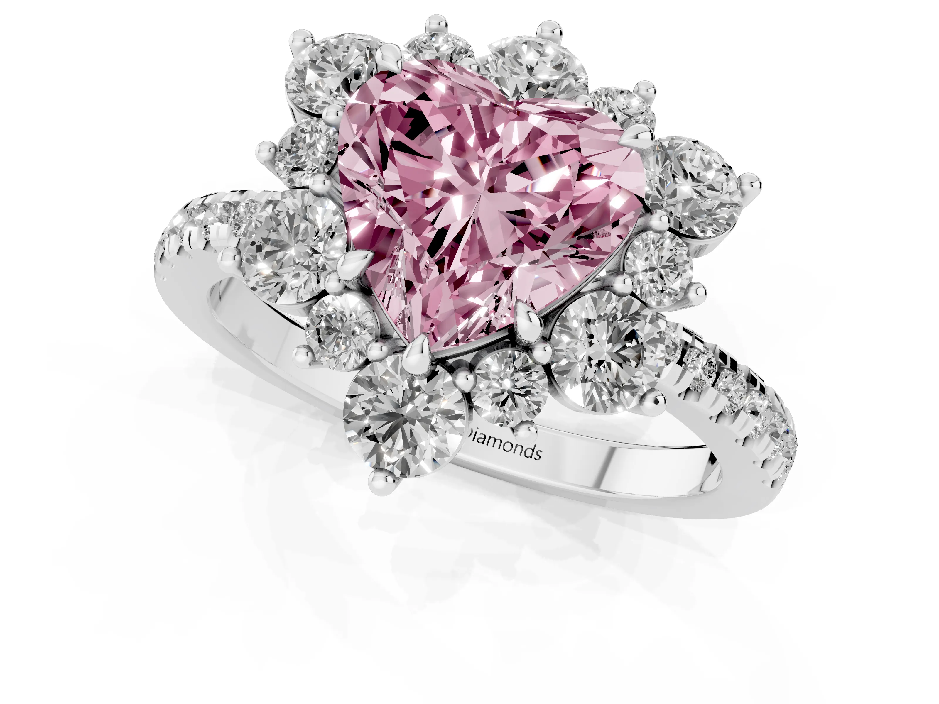 Fancy Pink Heart Cut Diamond Floral Halo Ring Set in Platinum with Round Pavé Band and Prong Setting