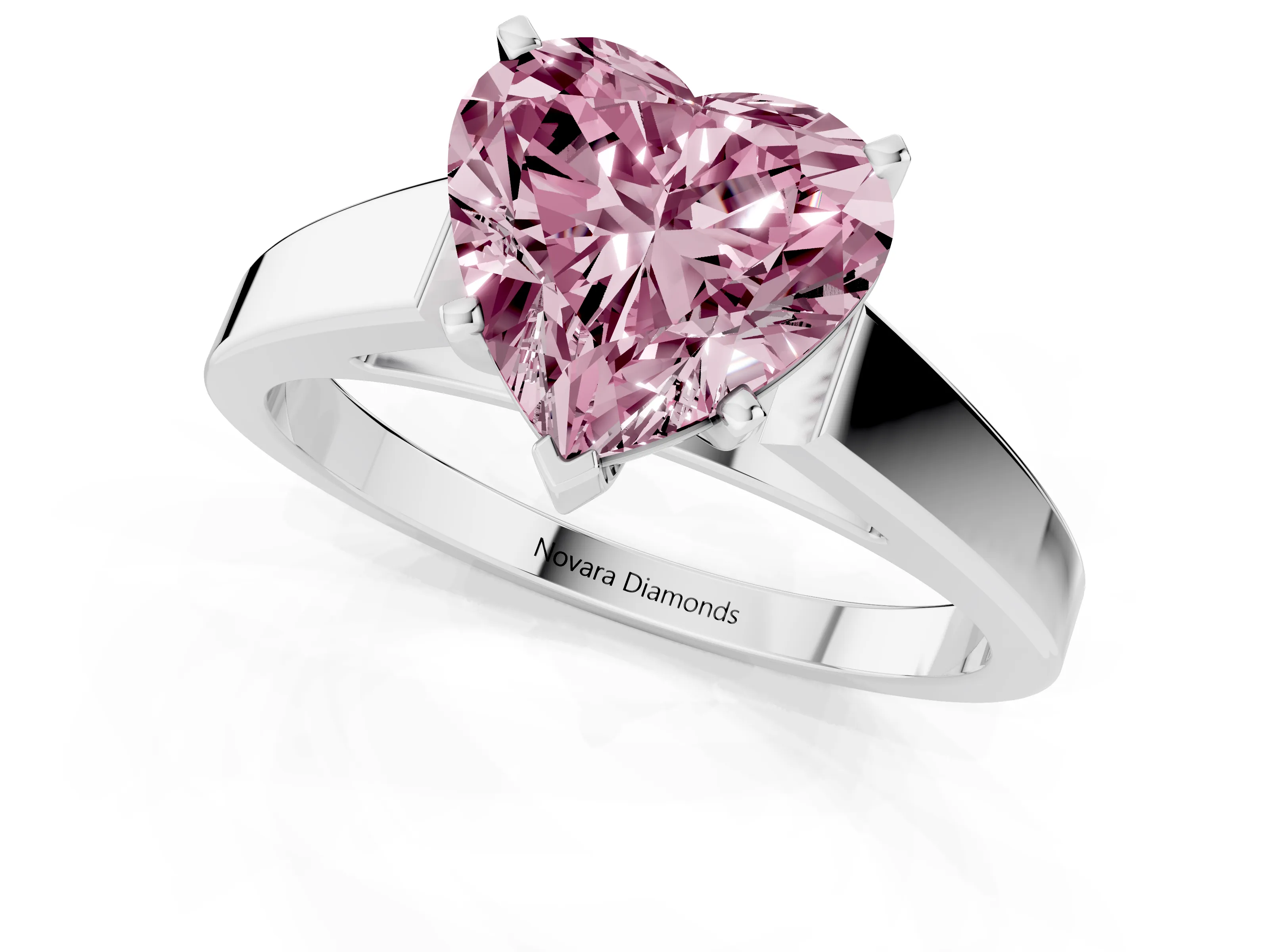 Fancy Pink Heart Cut Diamond Solitaire Engagement Ring Set in White gold with Prong Setting and Tapered Band
