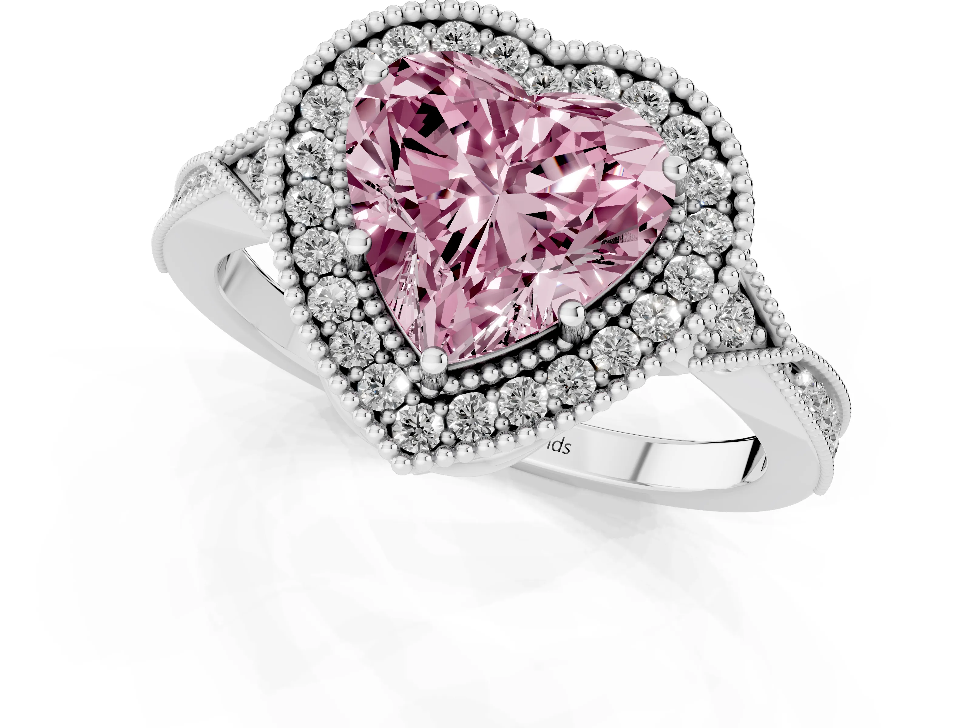 Fancy Pink Heart Cut Diamond Halo Engagement Ring Set in White gold with Milgrain Pavé Band