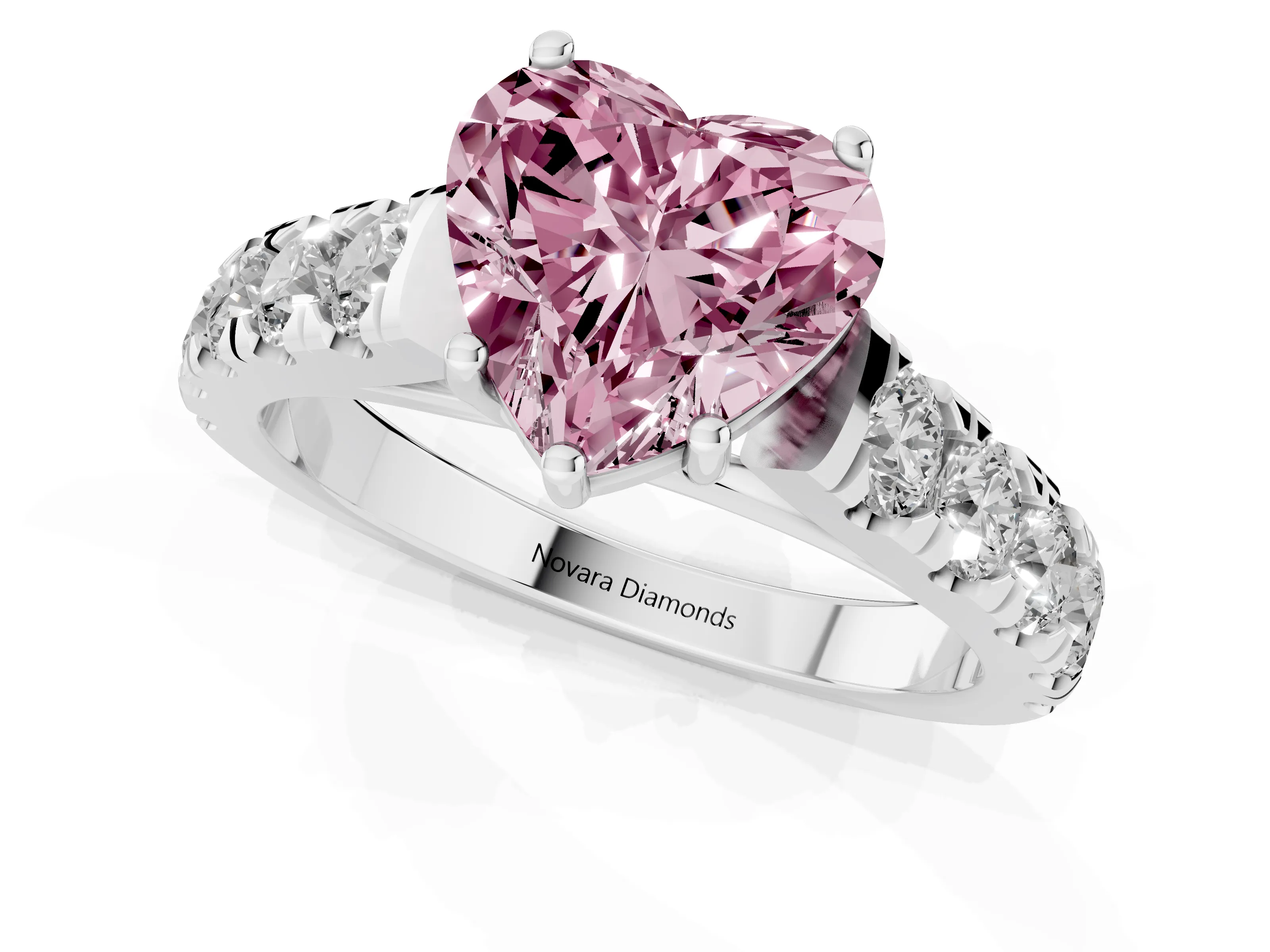 Fancy Pink Heart Cut Diamond Solitaire Ring Set in White gold with Cut-Down Micro Pavé Band and Prong Setting