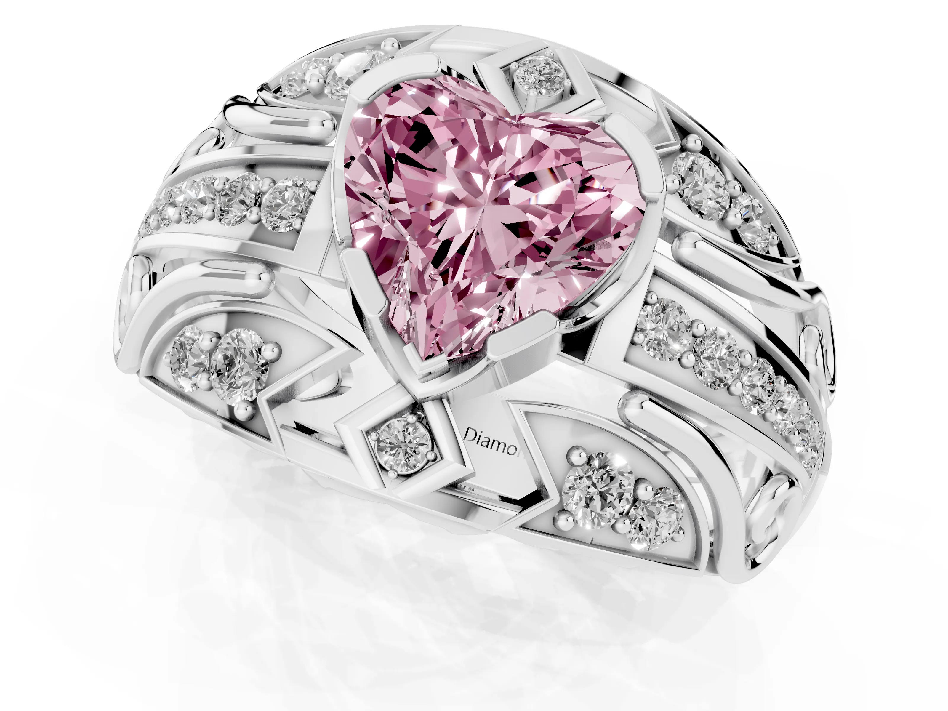 Fancy Pink Heart Cut Diamond Art Deco Ring Set in White gold with Pavé Split Shank