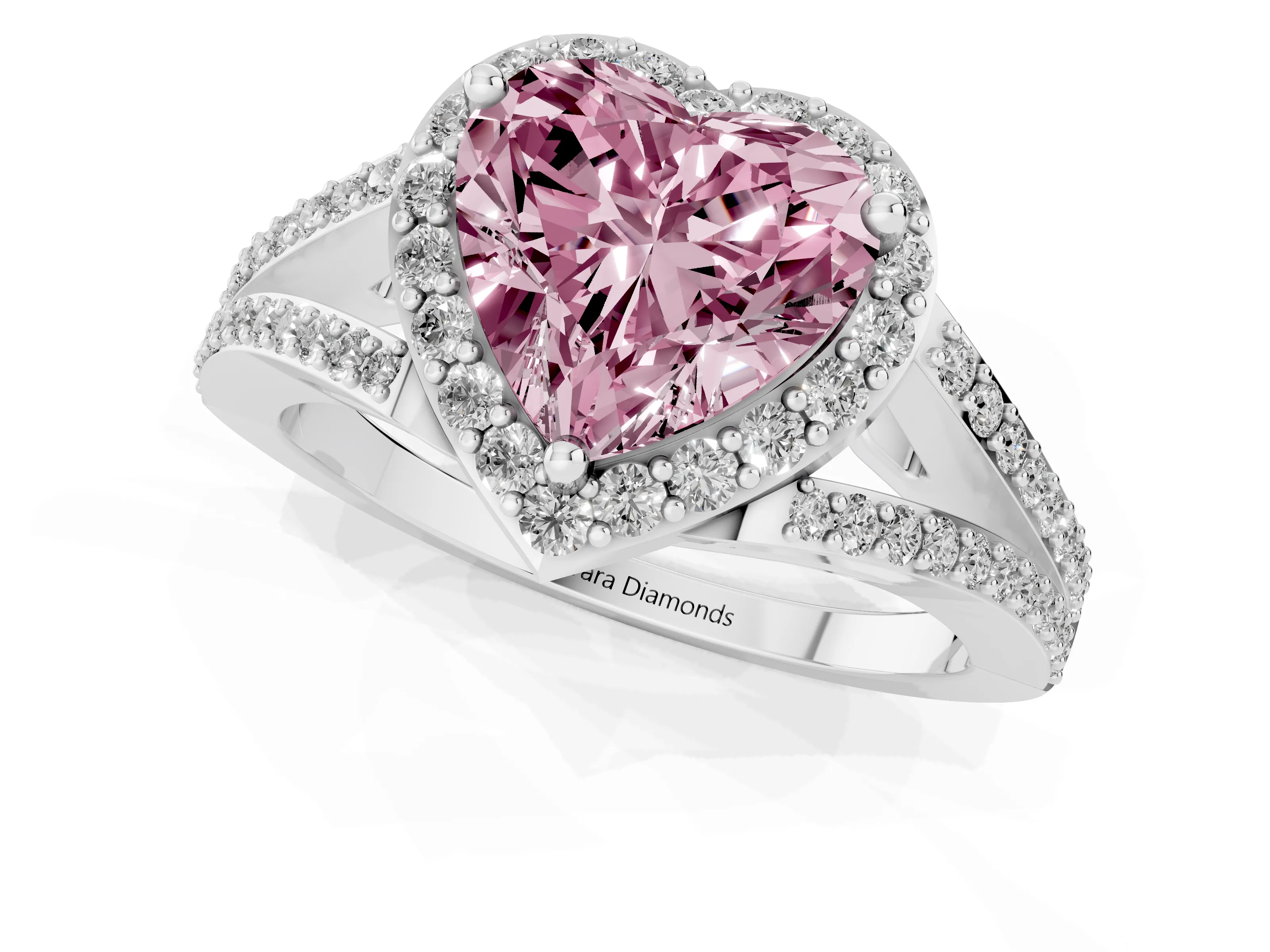 Fancy Pink Heart Cut Diamond Halo Split Shank Pavé Ring Set in Silver with Prong Setting