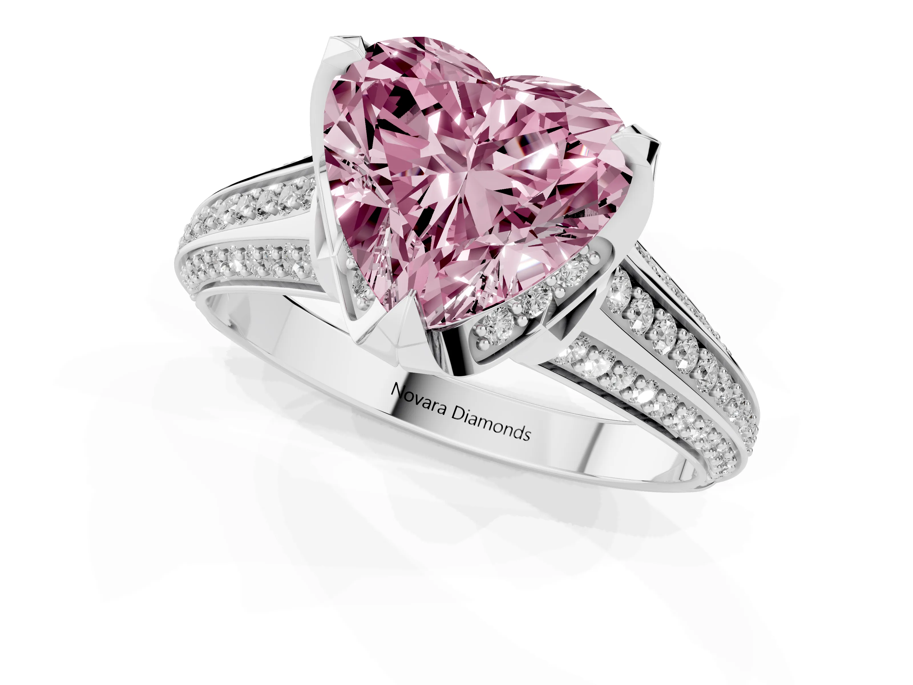 Fancy Pink Heart Cut Diamond Pavé Split Shank Solitaire Ring Set in Silver with Prong Setting