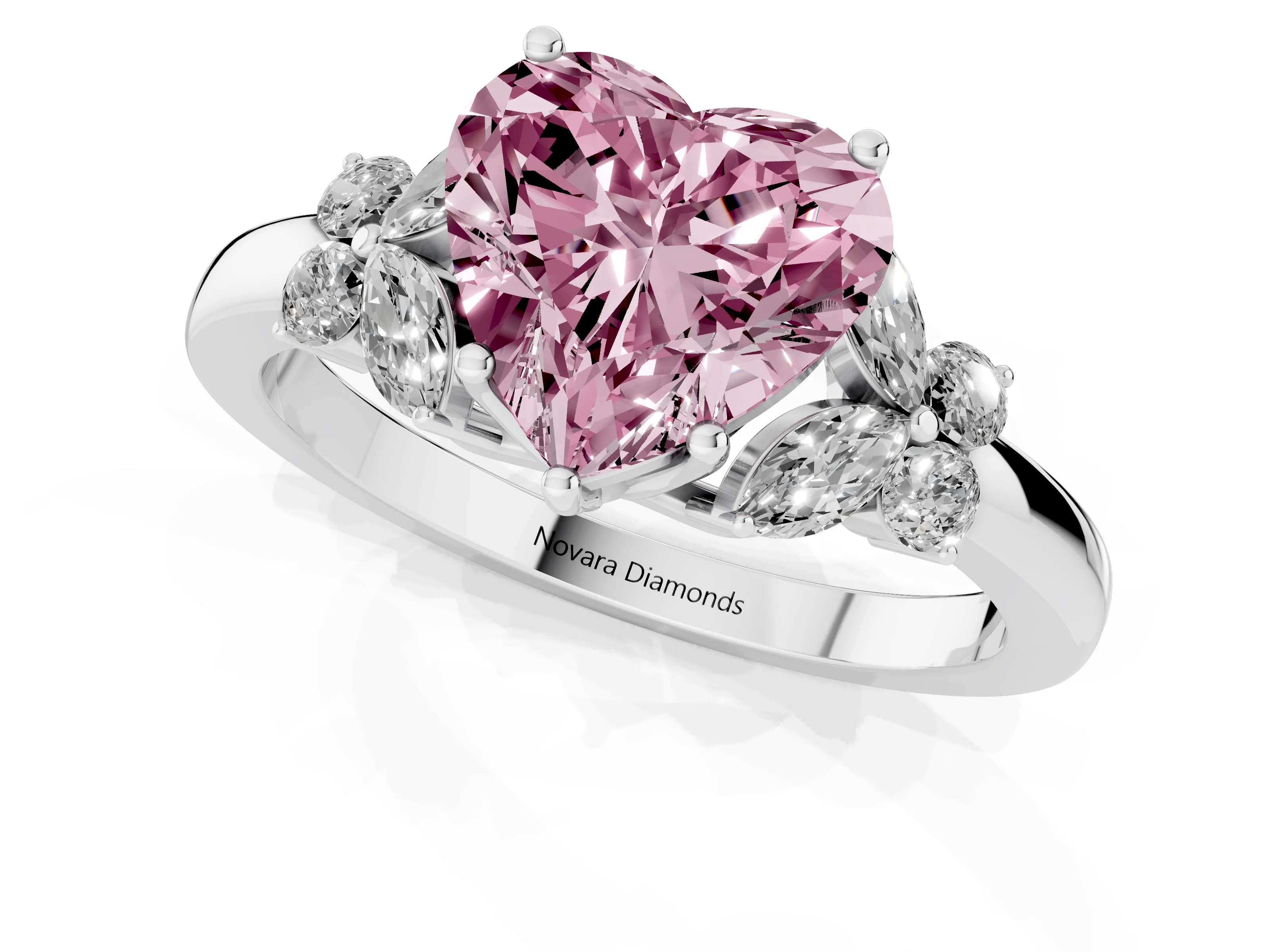 Fancy Pink Heart Cut Diamond Solitaire Floral Ring Set in Platinum with Marquise Petals and Prong Setting