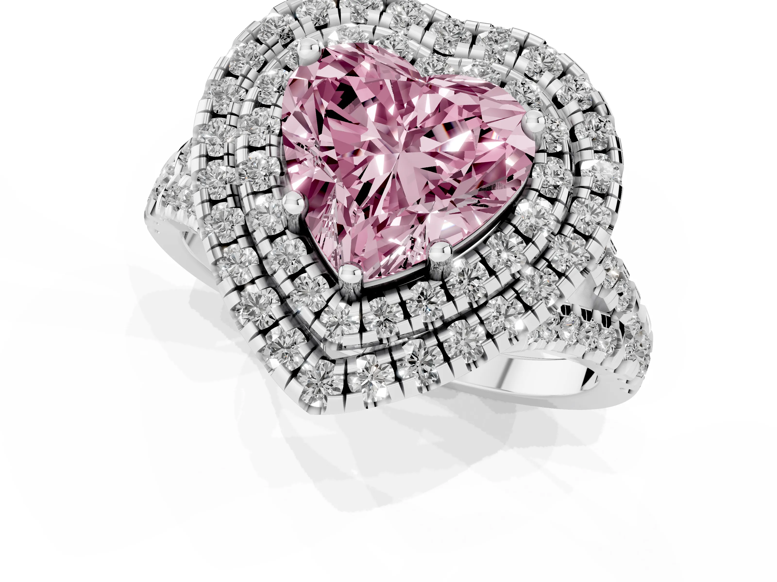 Fancy Pink Heart Cut Diamond Double Halo Ring Set in White gold with Pavé Split Shank and Prong Setting