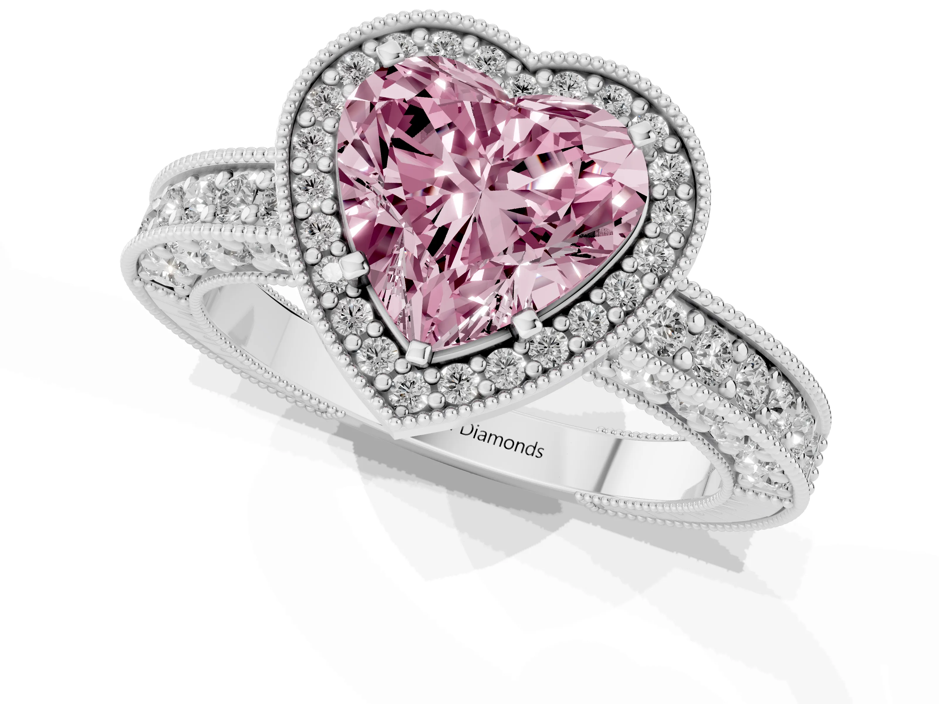 Fancy Pink Heart Cut Diamond Halo Pavé Band Ring Set in Platinum with Prong-Set Center