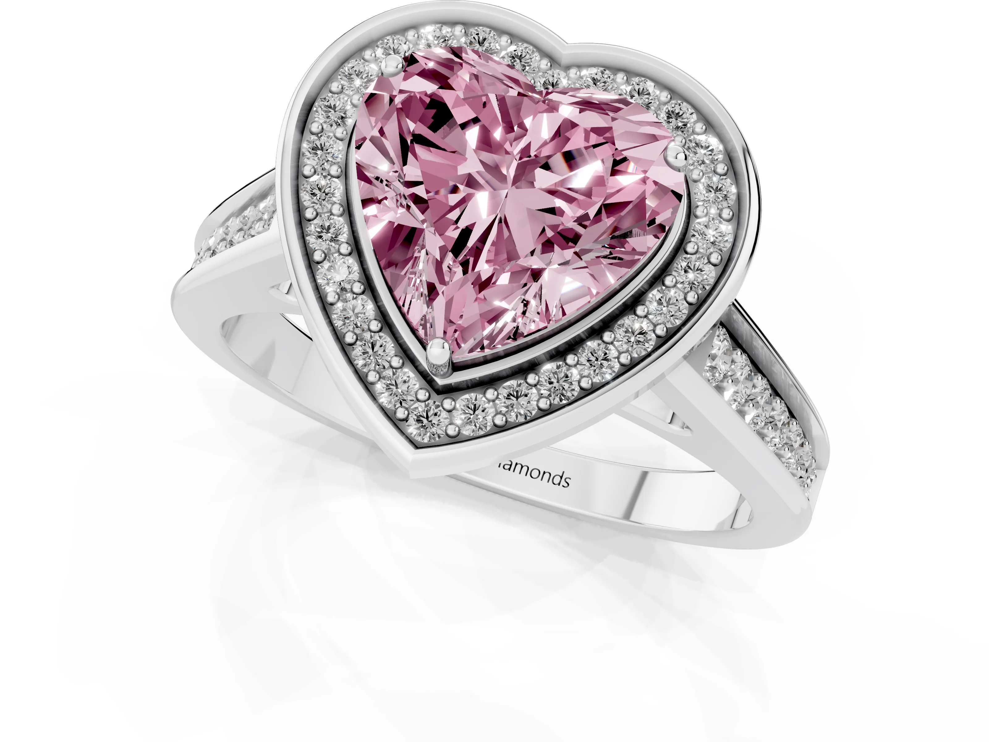 Fancy Pink Heart Cut Diamond Halo Solitaire Ring Set in Silver with Pavé Band and Bezel Setting