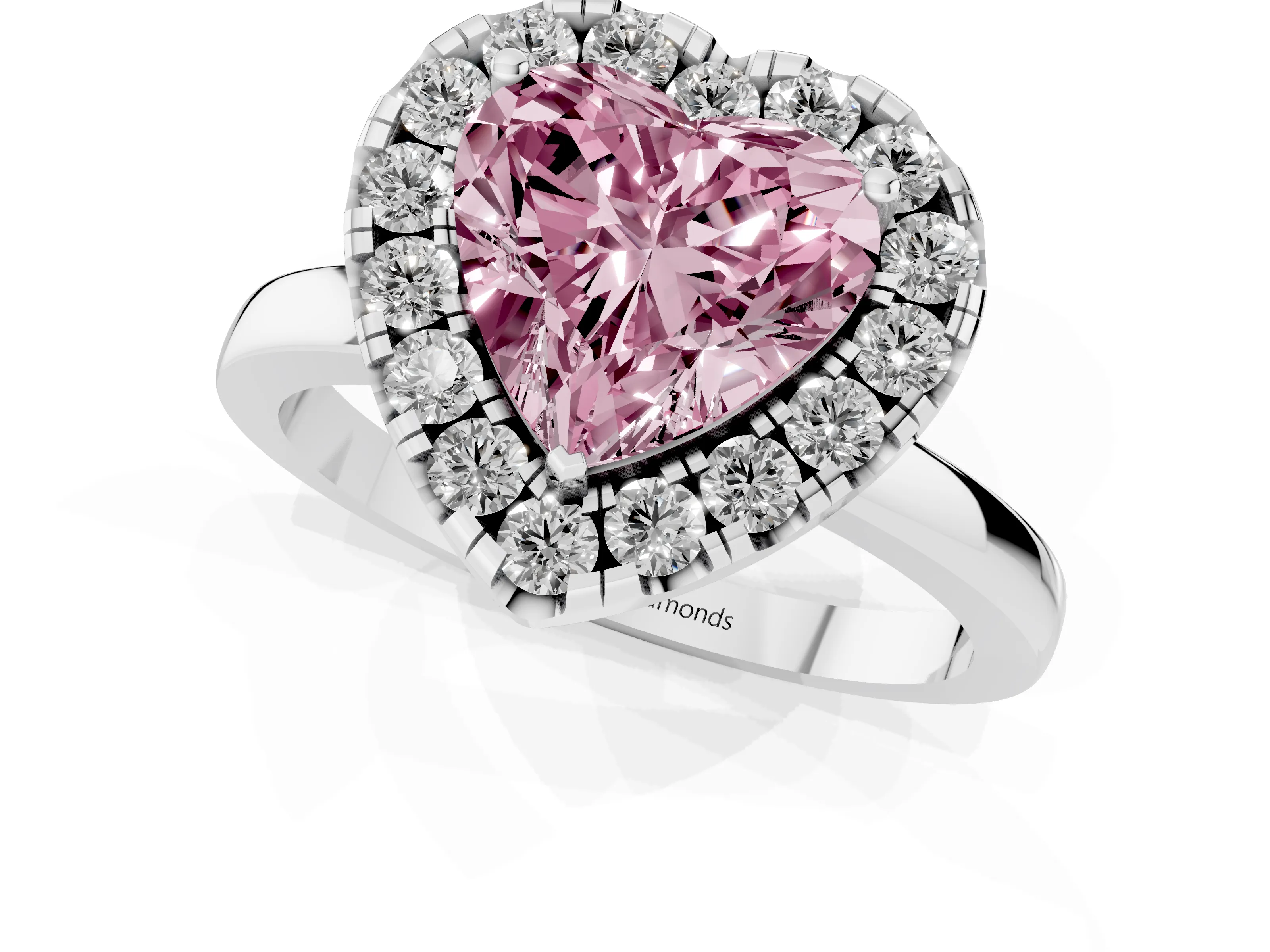 Fancy Pink Heart Cut Diamond Halo Solitaire Ring Set in Silver with Pavé Band and Prong Setting
