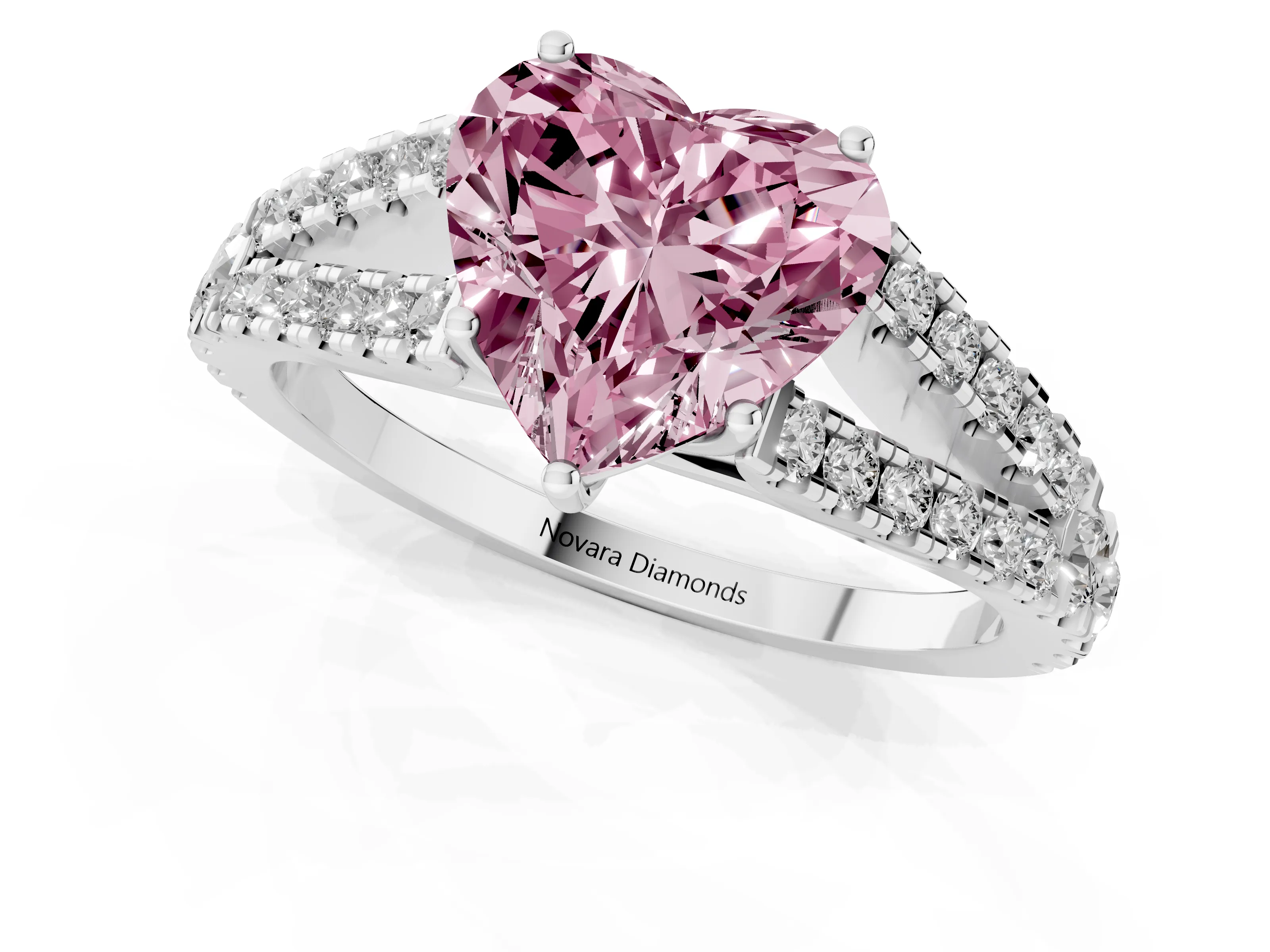 Fancy Pink Heart Cut Diamond Split Shank Pavé Engagement Ring Set in Platinum with Prong-Held Center Stone