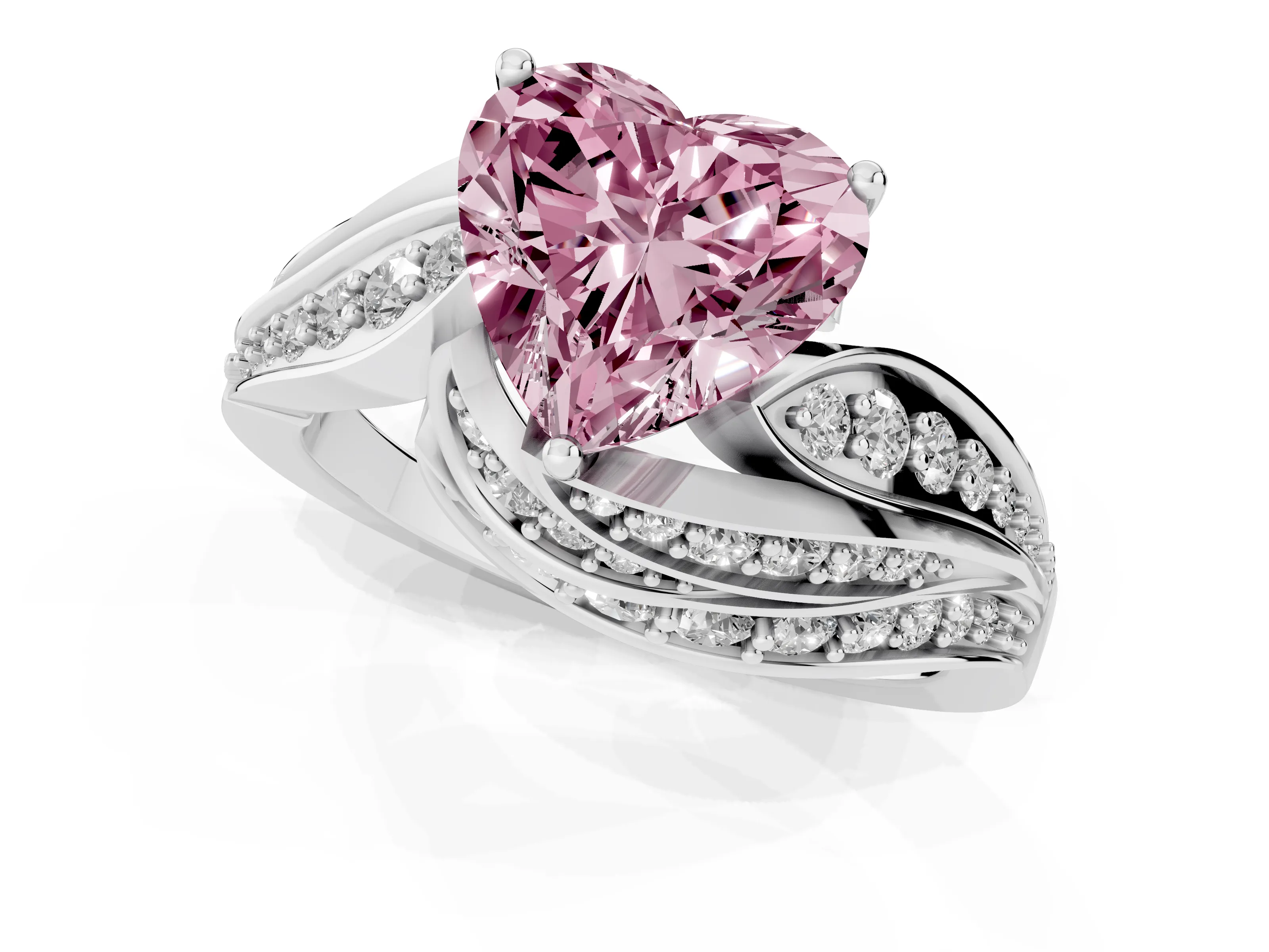 Fancy Pink Heart Cut Diamond Solitaire Ring Set in Platinum with Layered Twist Pavé Band
