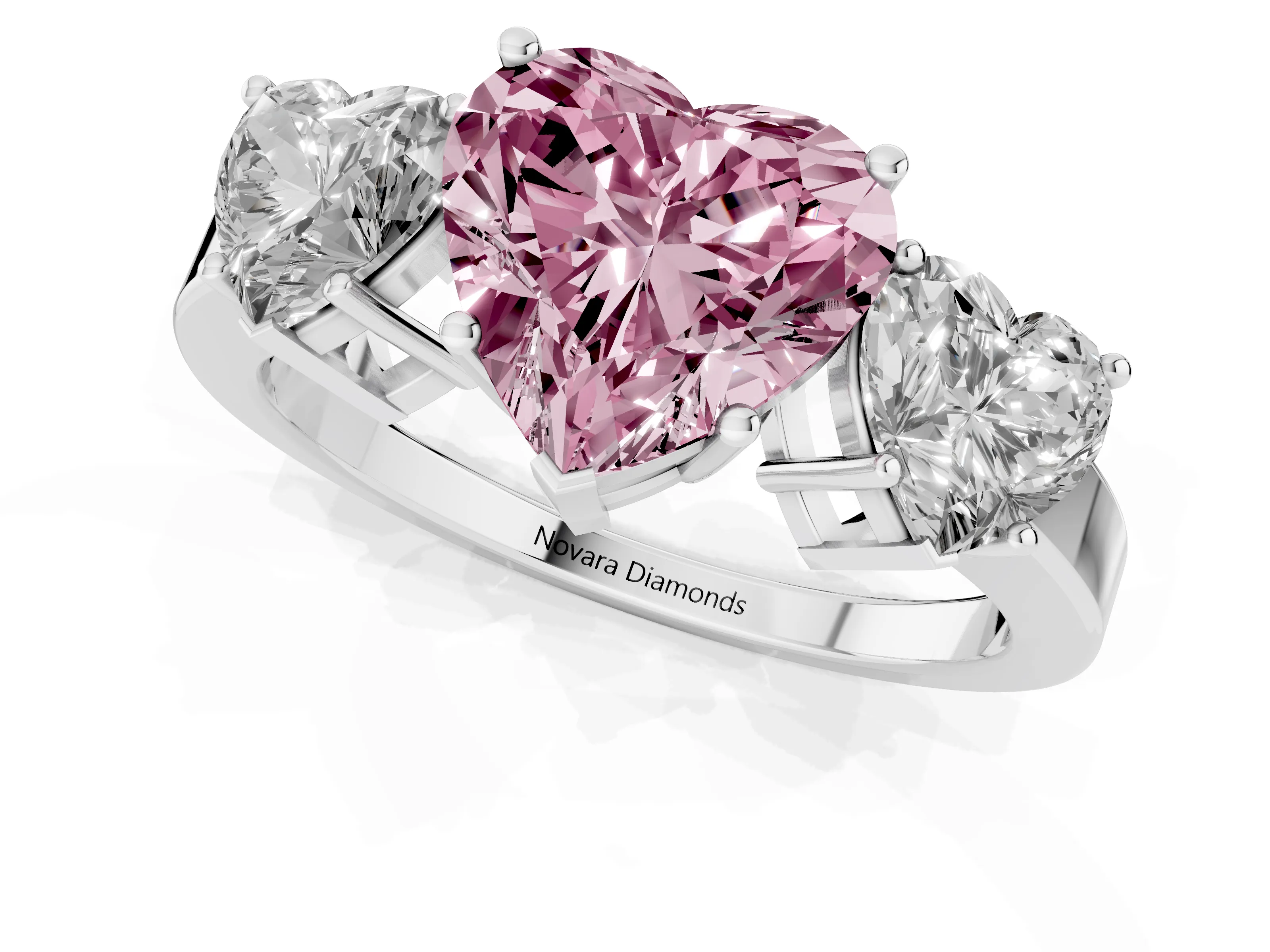 Fancy Pink Heart Cut Diamond Three-Stone Engagement Ring Set in Platinum with Flat Band