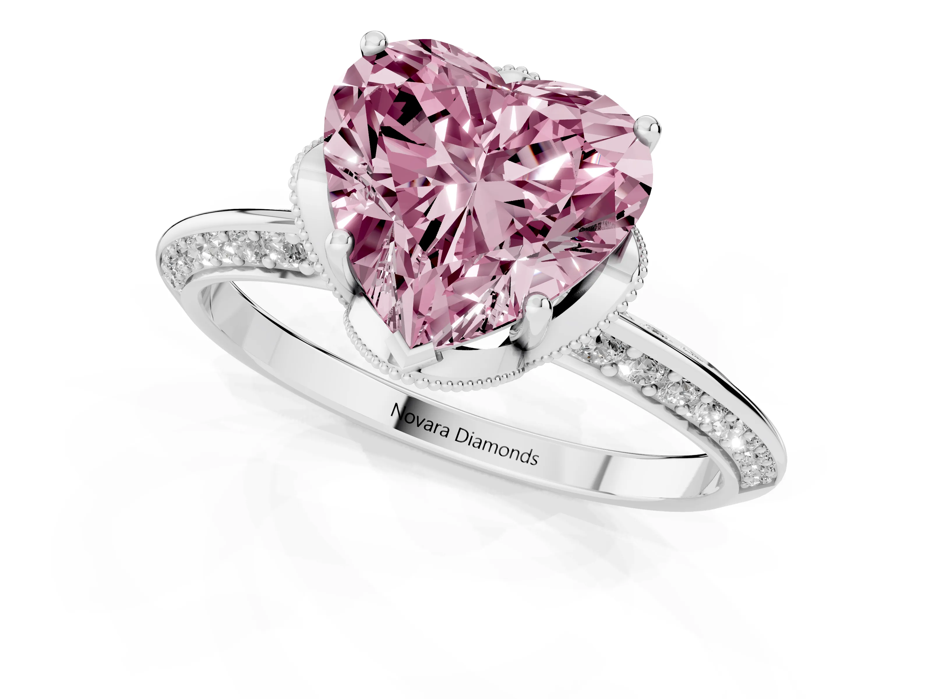 Fancy Pink Heart Cut Diamond Solitaire Engagement Ring Set in White gold with Pavé Split Shank and Prong Setting