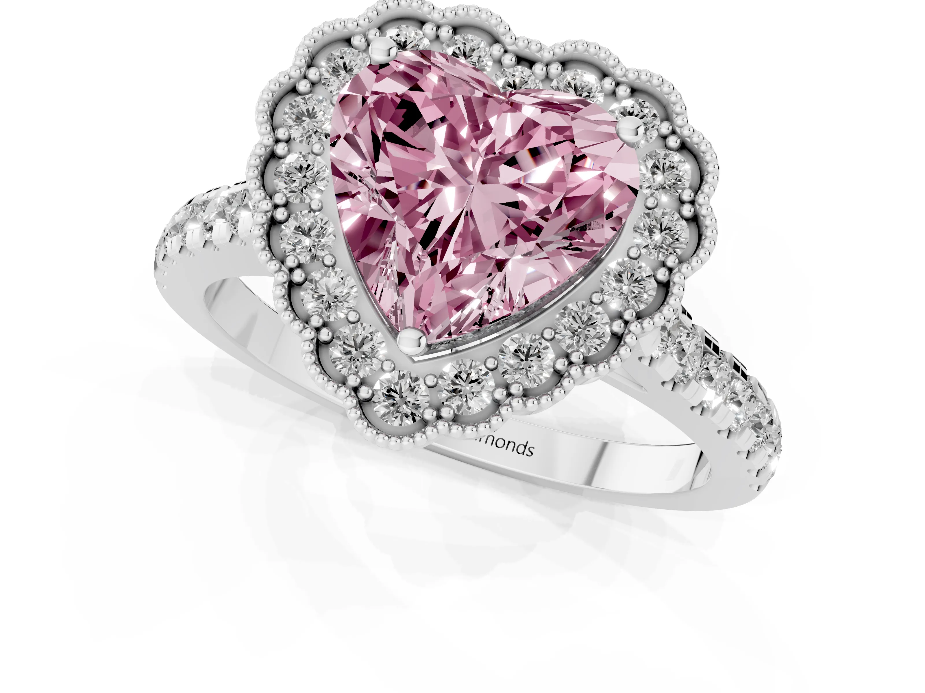 Fancy Pink Heart Cut Diamond Milgrain Floral Halo Engagement Ring Set in White gold with Pavé Band
