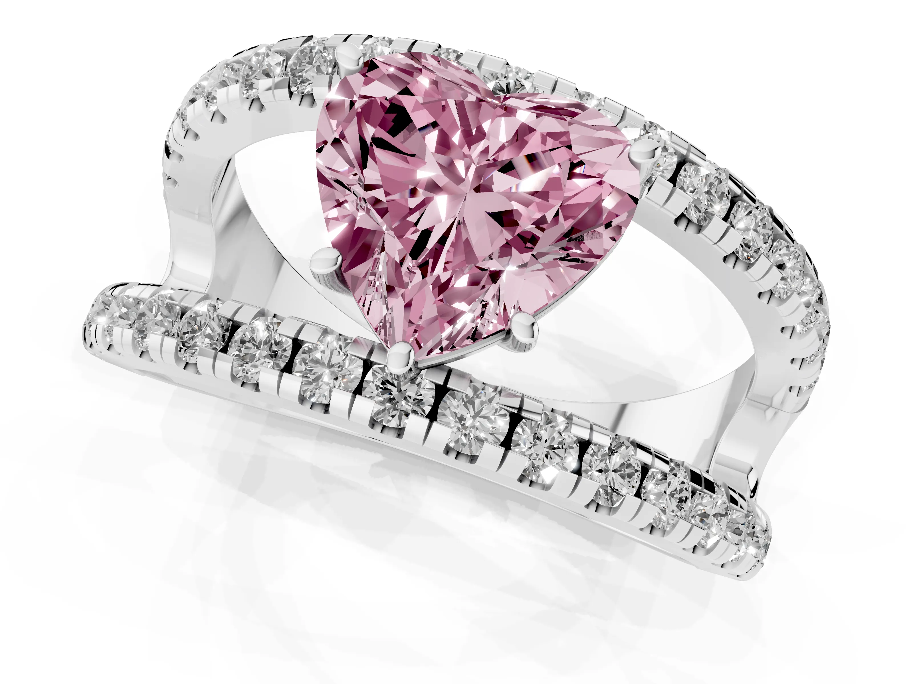 Fancy Pink Heart Cut Diamond Split Shank Pavé Solitaire Ring Set in Silver with Open Shank Design