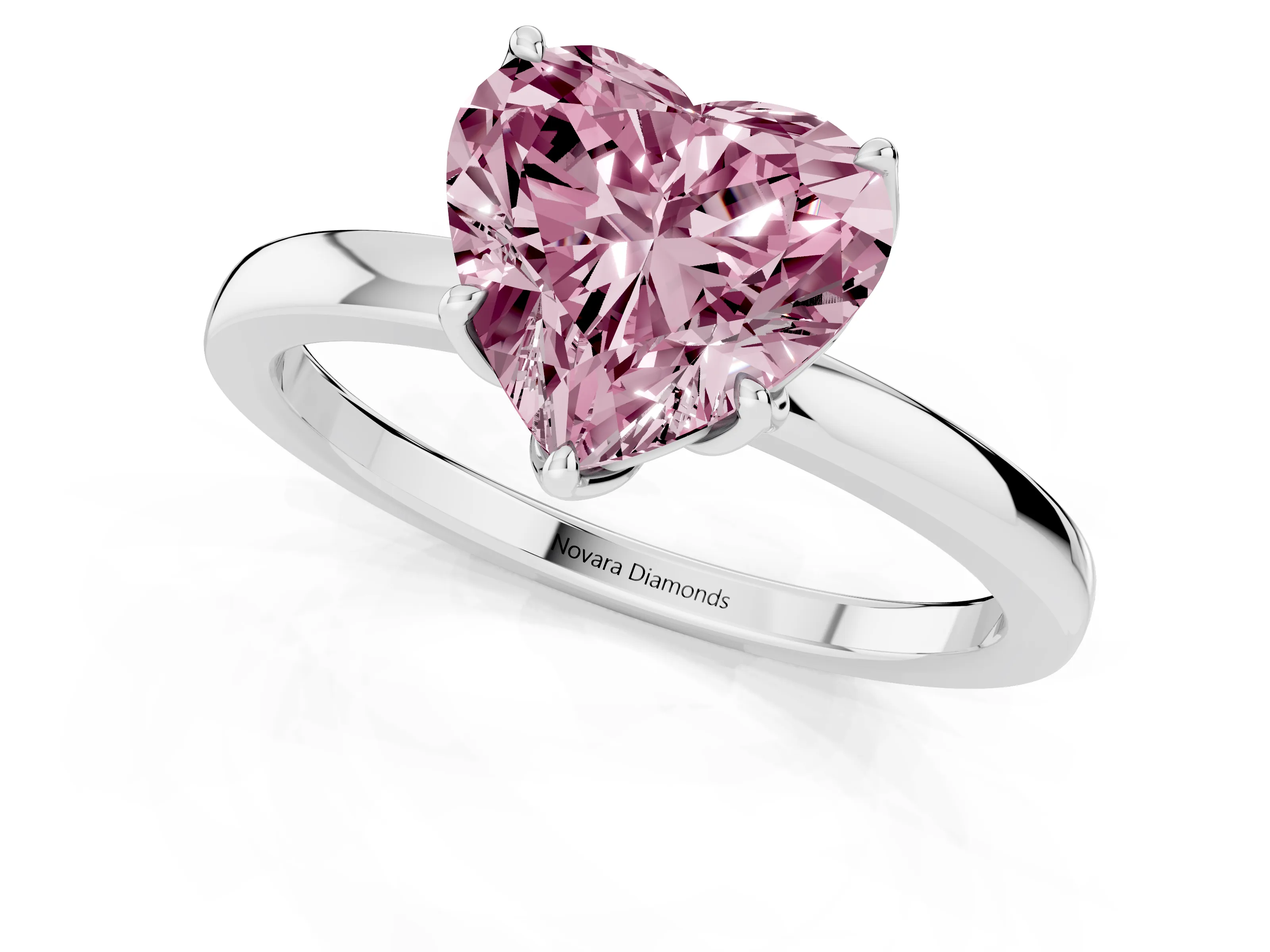 Fancy Pink Heart Cut Diamond Solitaire Ring Set in White gold with Prong Setting and Thin Polished Band