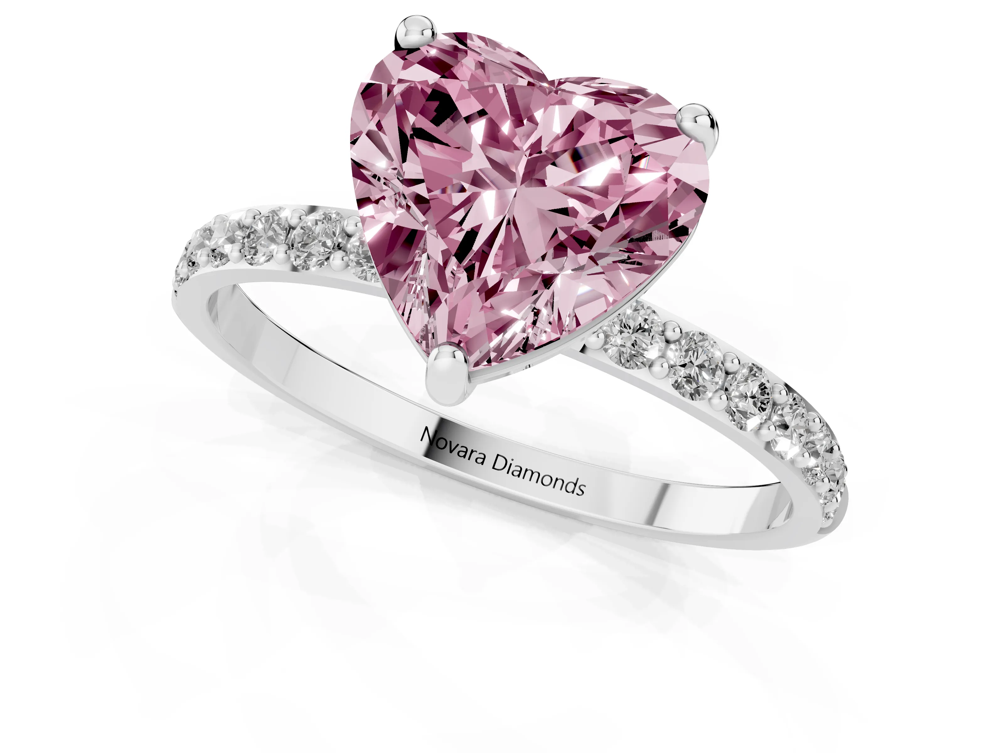 Fancy Pink Heart Cut Diamond Solitaire Ring Set in Platinum with Round Pavé Band and Prong Setting