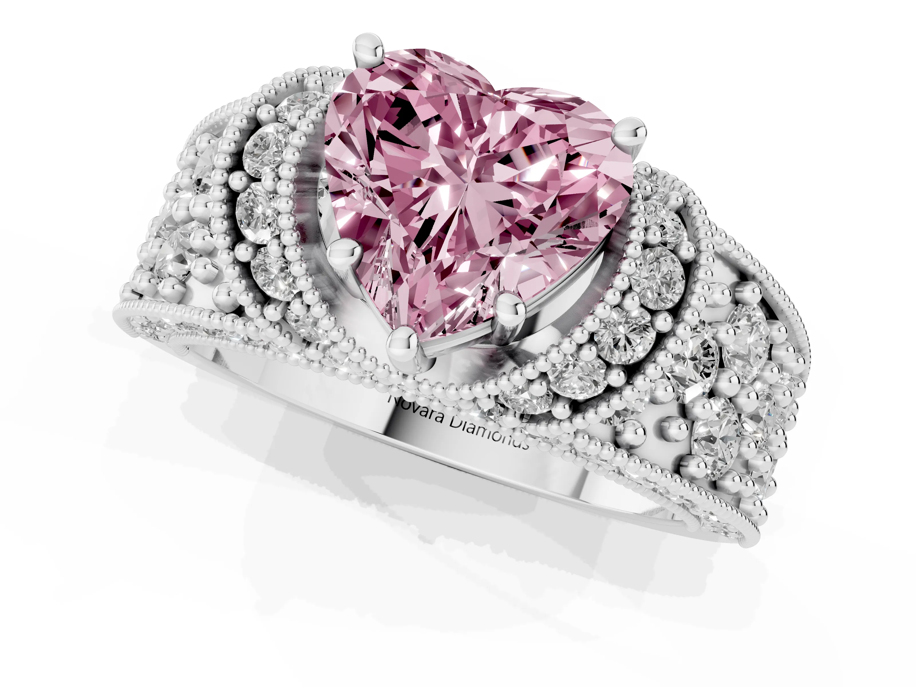 Fancy Pink Heart Cut Diamond Milgrain Halo Pavé Engagement Ring Set in Silver with Prong Setting