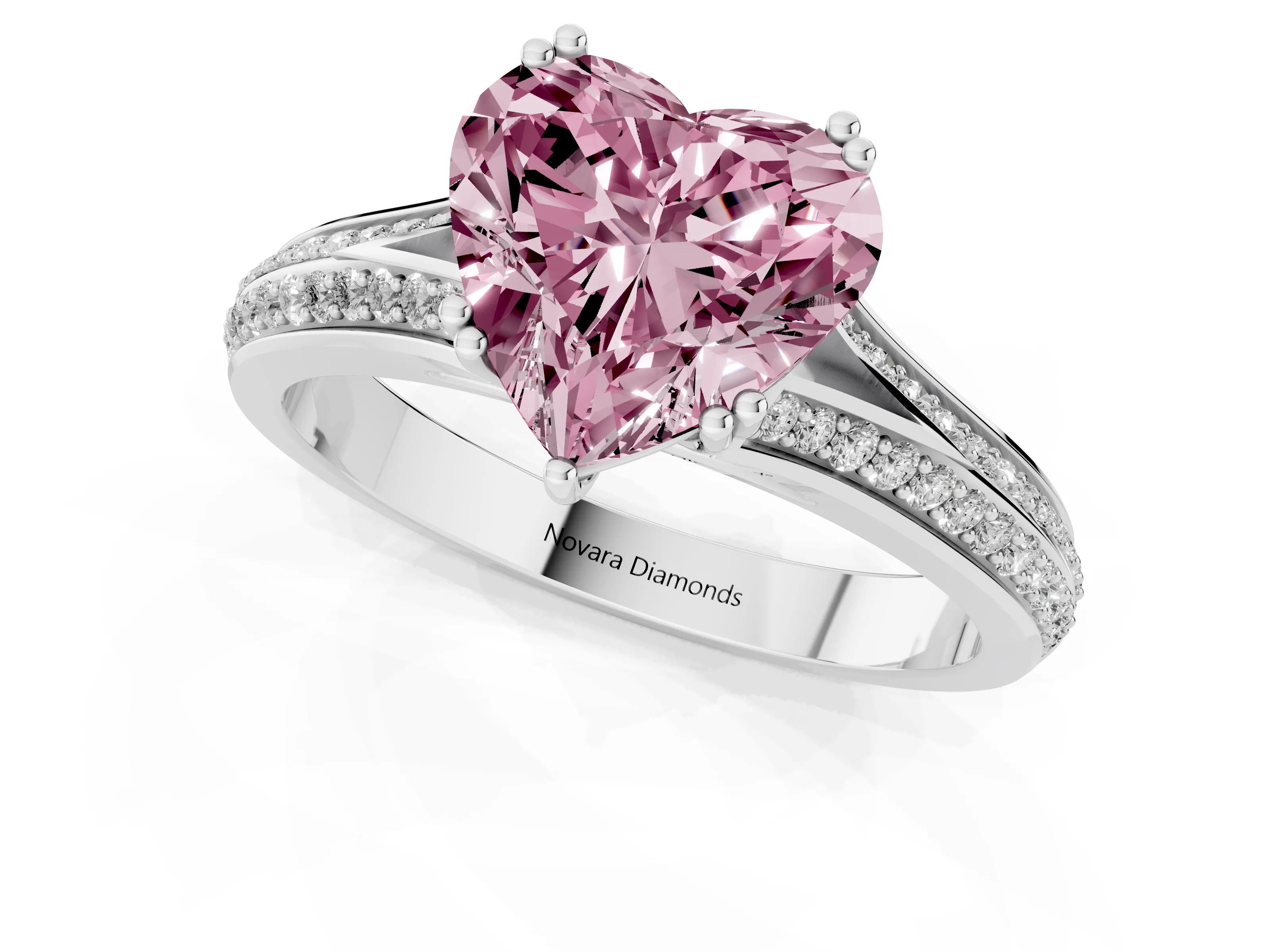 Fancy Pink Heart Cut Diamond Split Shank Pavé Engagement Ring Set in White gold with Prong-Set Center Stone