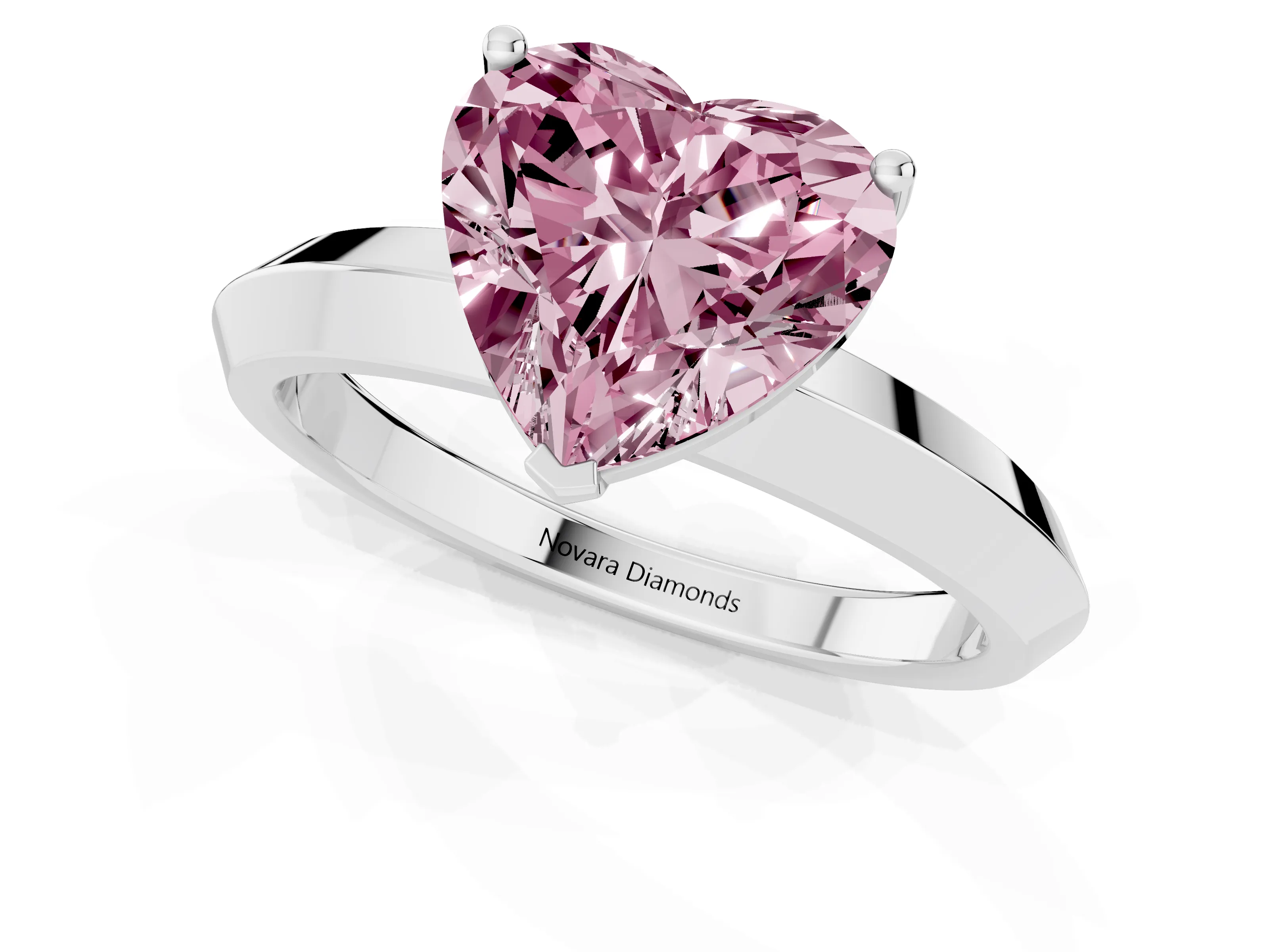 Fancy Pink Heart Cut Diamond Solitaire Engagement Ring Set in Silver with Flat Band and Prong Setting