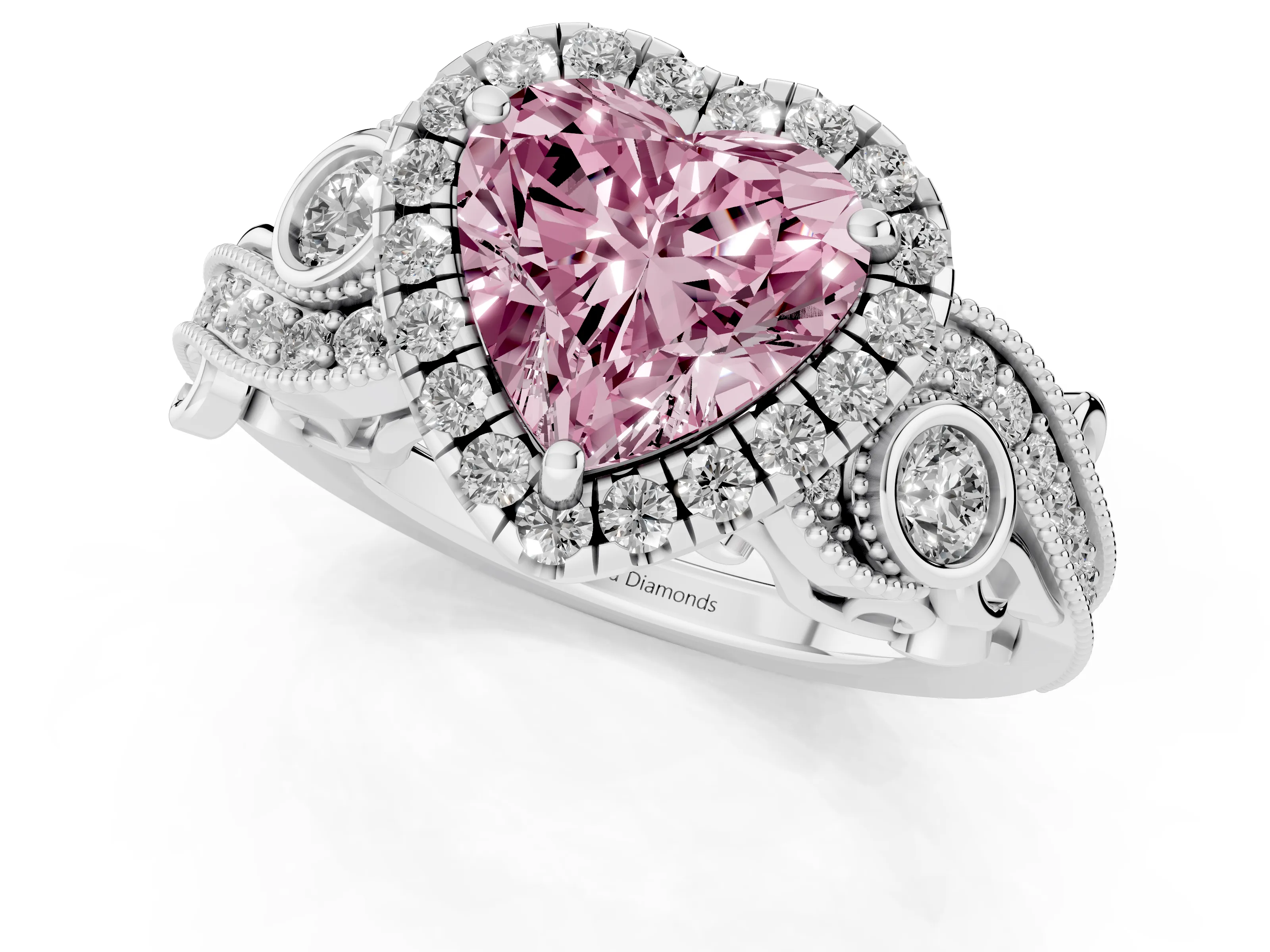 Fancy Pink Heart Cut Diamond Halo Ring Set in White gold with Milgrain Pavé Band and Prong Setting