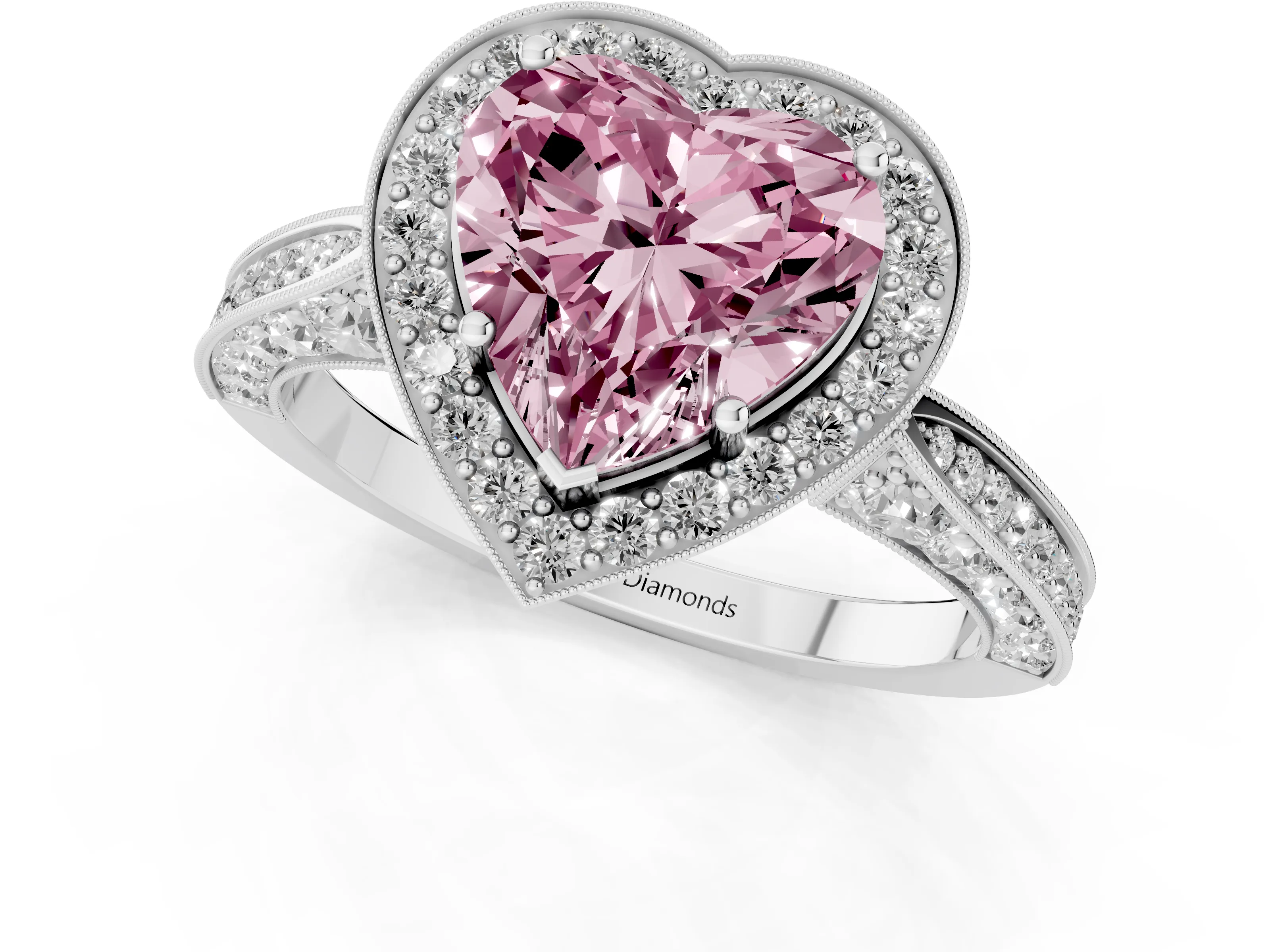 Fancy Pink Heart Cut Diamond Halo Engagement Ring Set in Platinum with Accent Split Shank Band