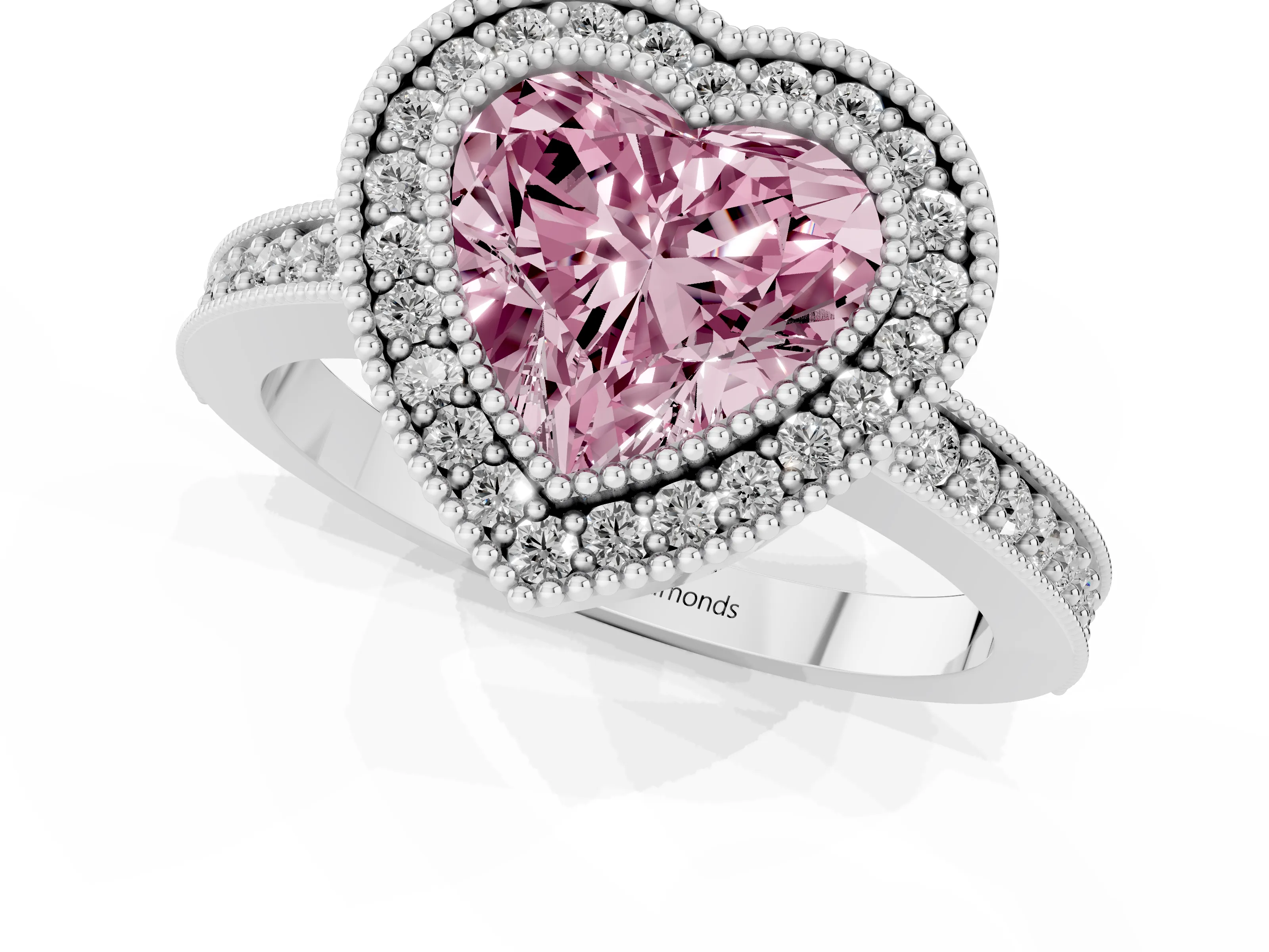 Fancy Pink Heart Cut Diamond Halo Engagement Ring Set in Silver with Pavé Band and Round Halo Stones