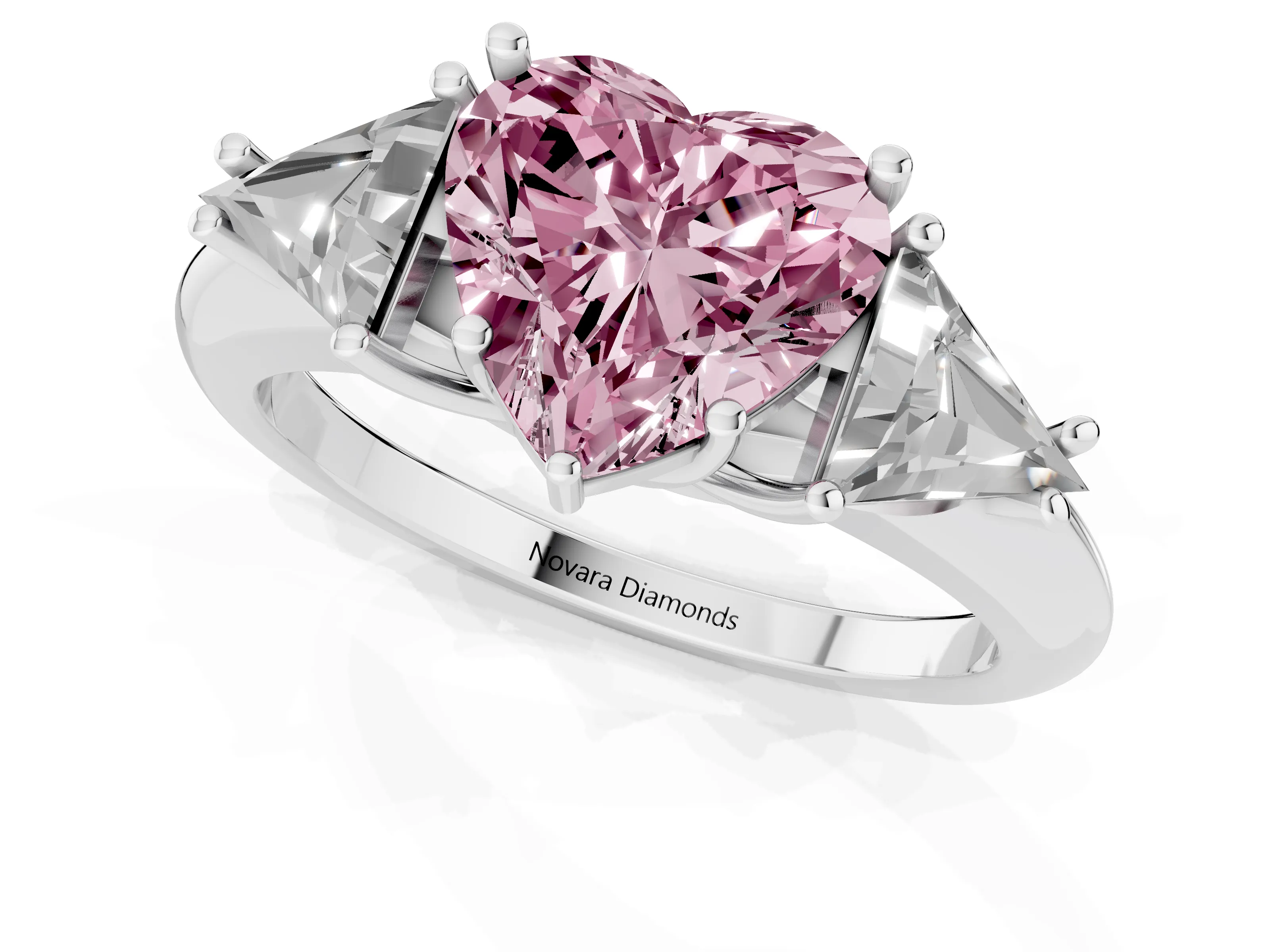 Fancy Pink Heart Cut Diamond Three-Stone Engagement Ring Set in White gold with Trillion Side Stones