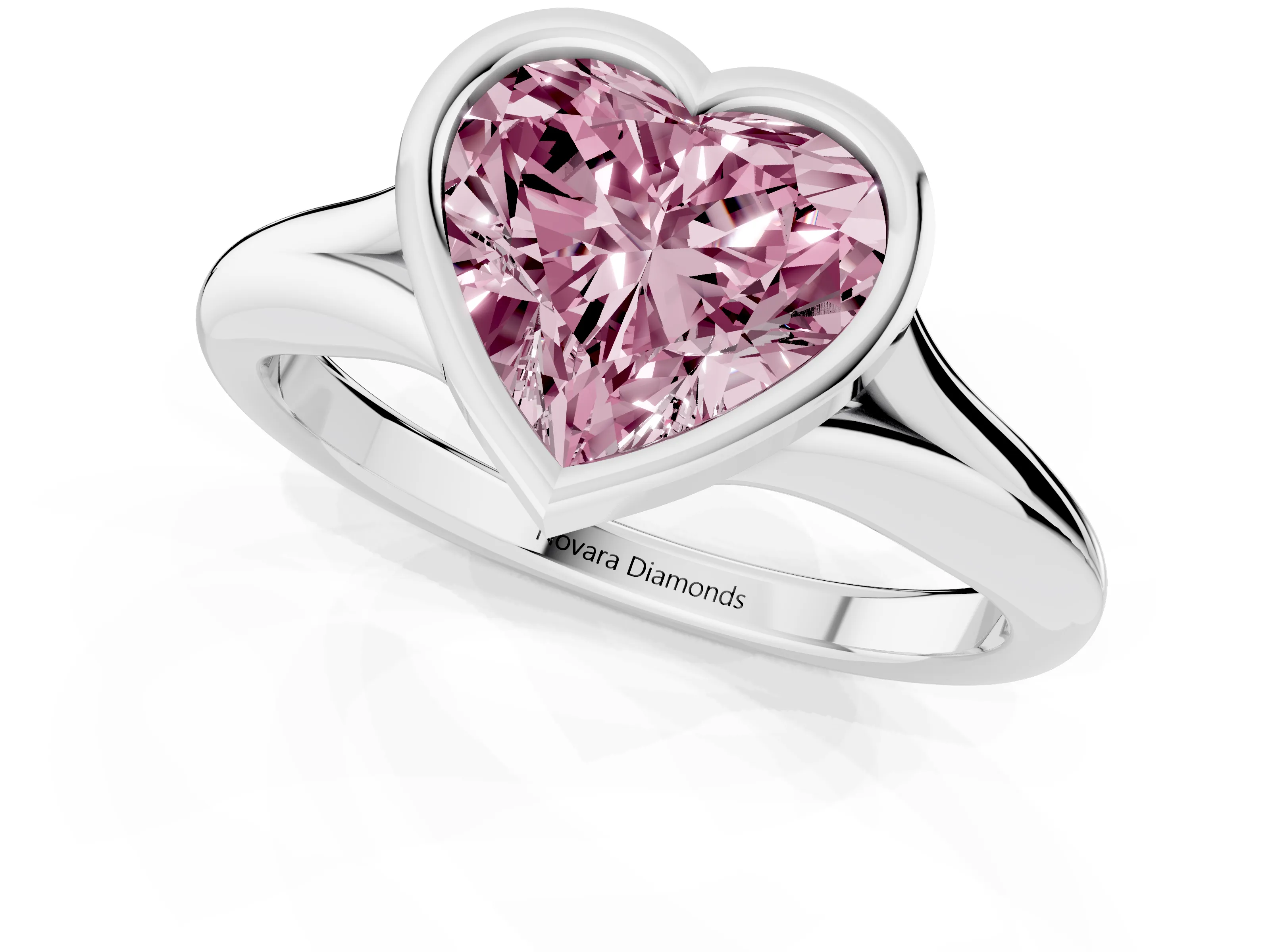 Fancy Pink Bezel Set Heart Cut Diamond Solitaire Ring Set in White gold with Smooth Band