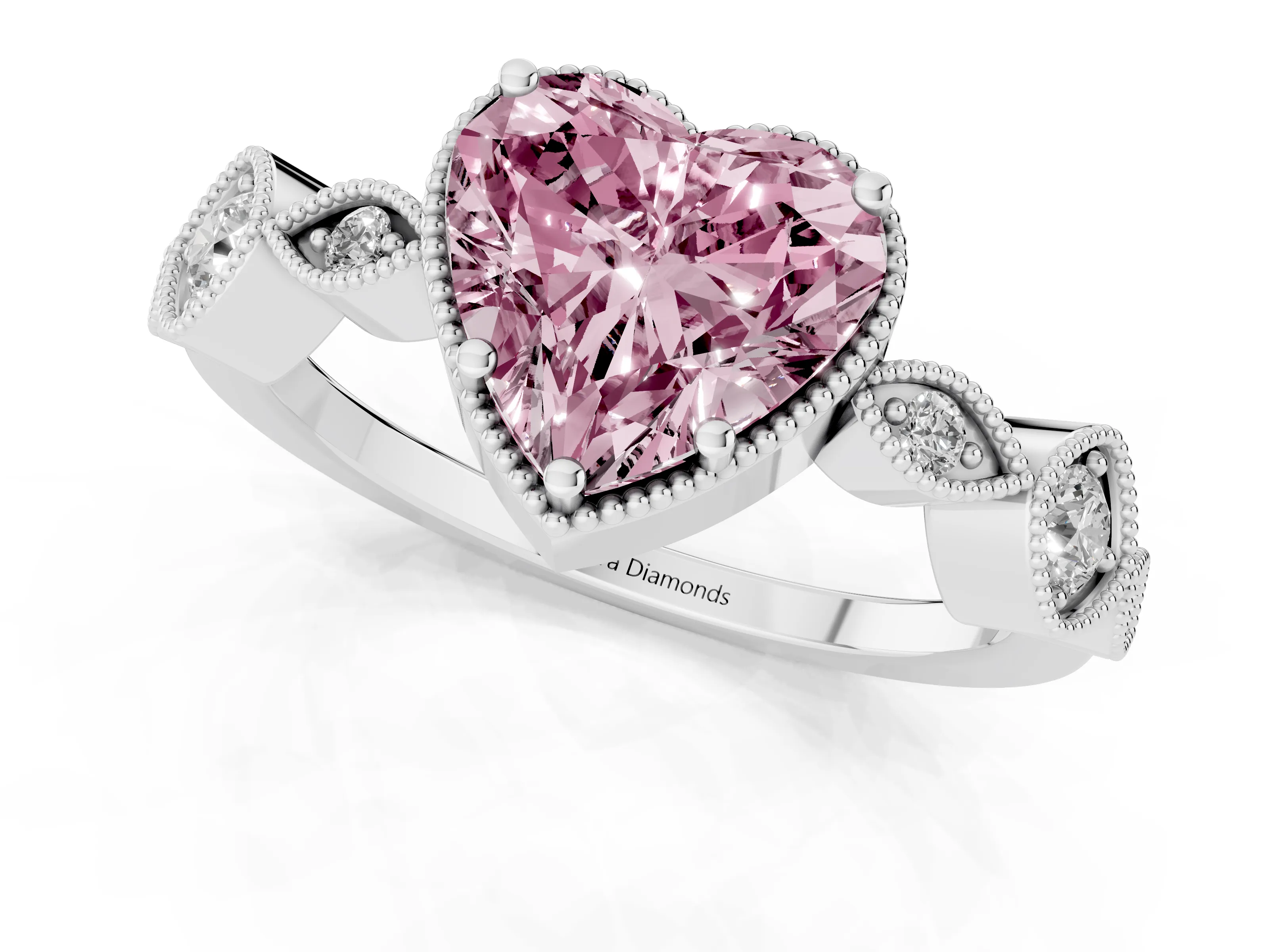 Fancy Pink Heart Cut Diamond Vintage-Inspired Milgrain Ring Set in White gold with Marquise Stations of Round Accents