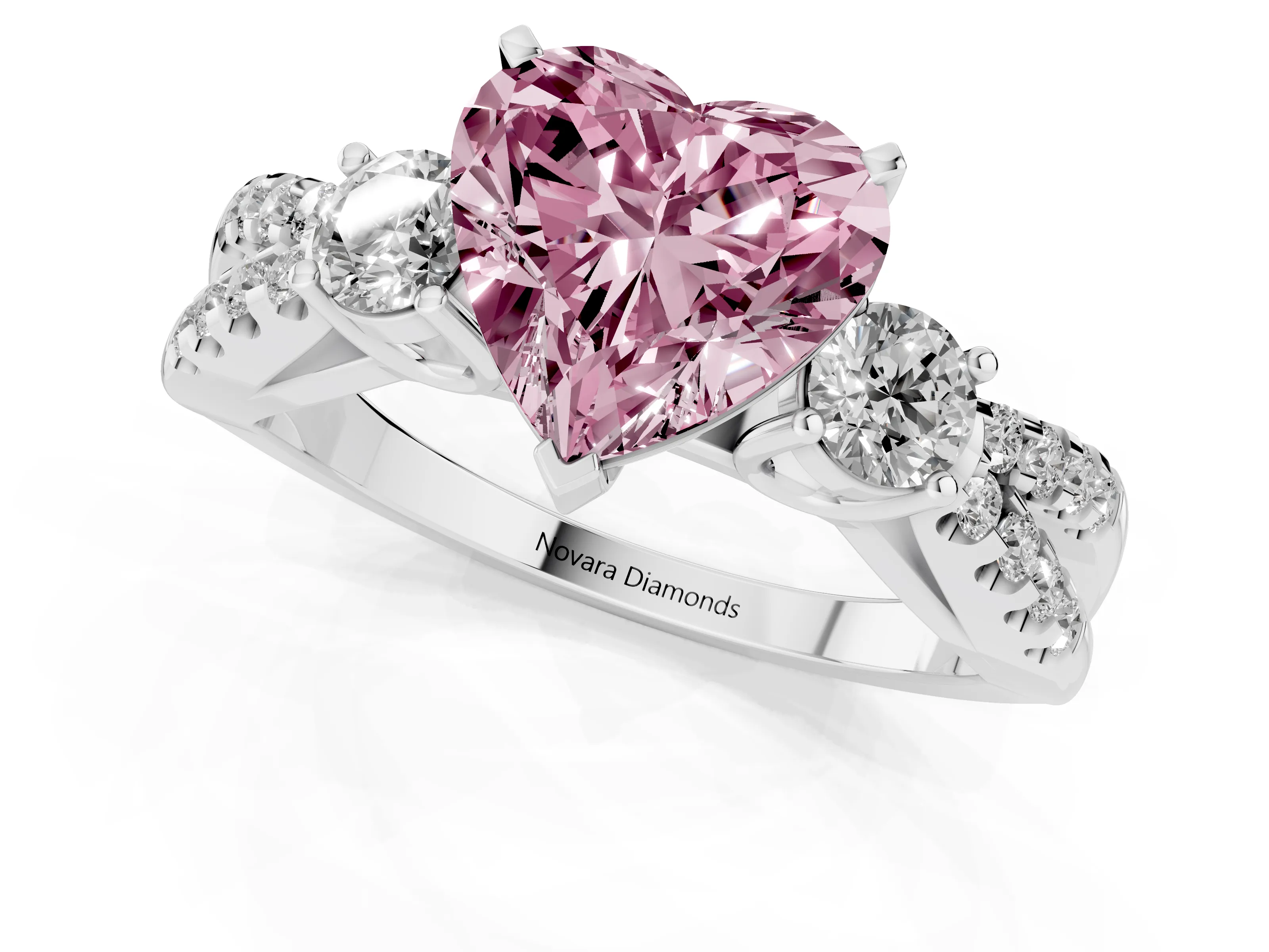 Fancy Pink Heart Cut Diamond Three-Stone Ring Set in Silver with Pavé Split Shank and Prong Setting
