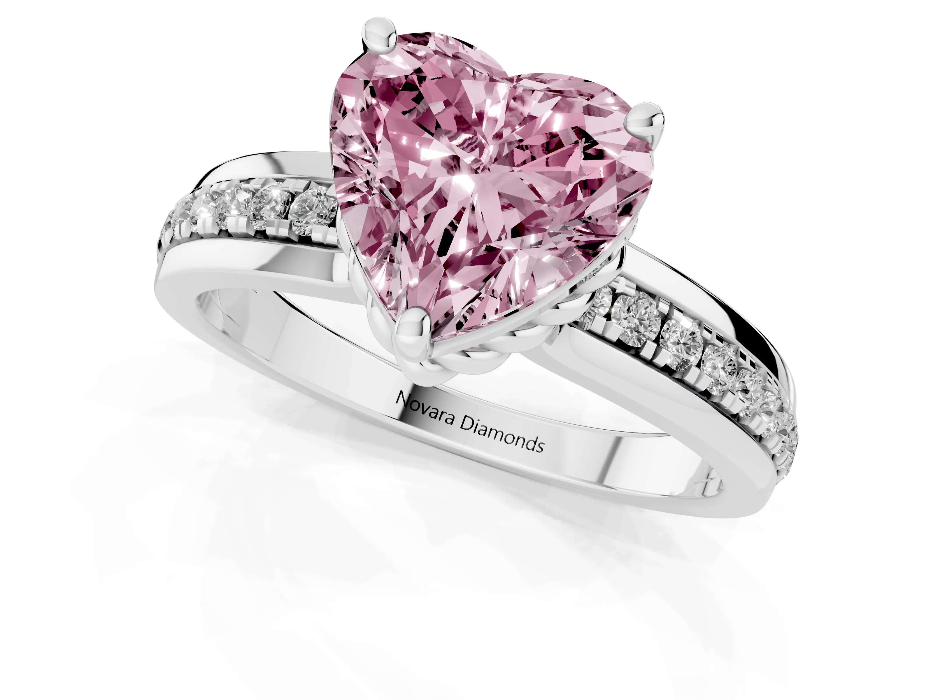 Fancy Pink Heart Cut Diamond Solitaire Ring Set in White gold with Channel Set Band and Prong Setting