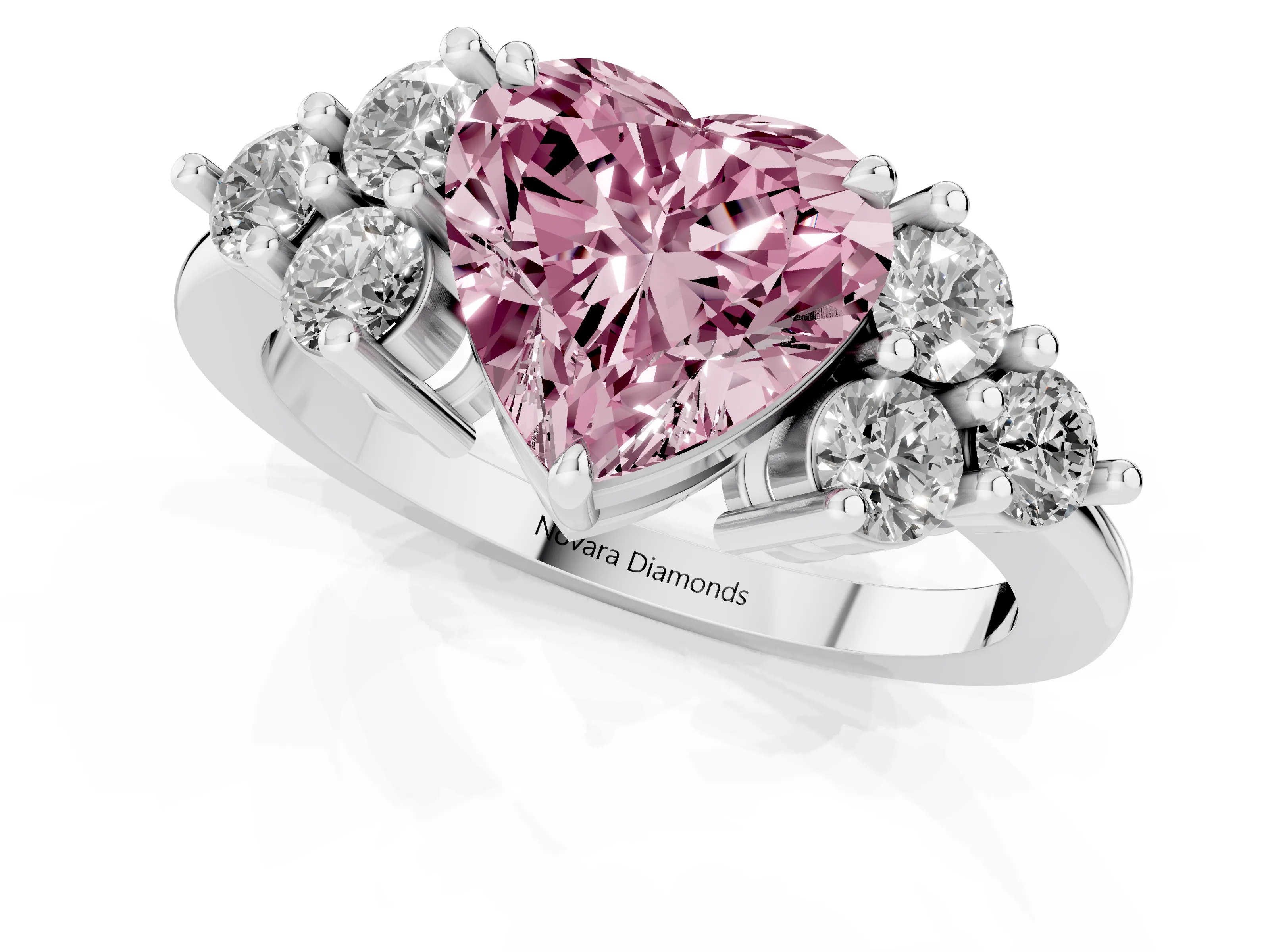 Fancy Pink Heart Cut Diamond Solitaire Ring Set in Platinum with Cluster Accents on Each Side – second view