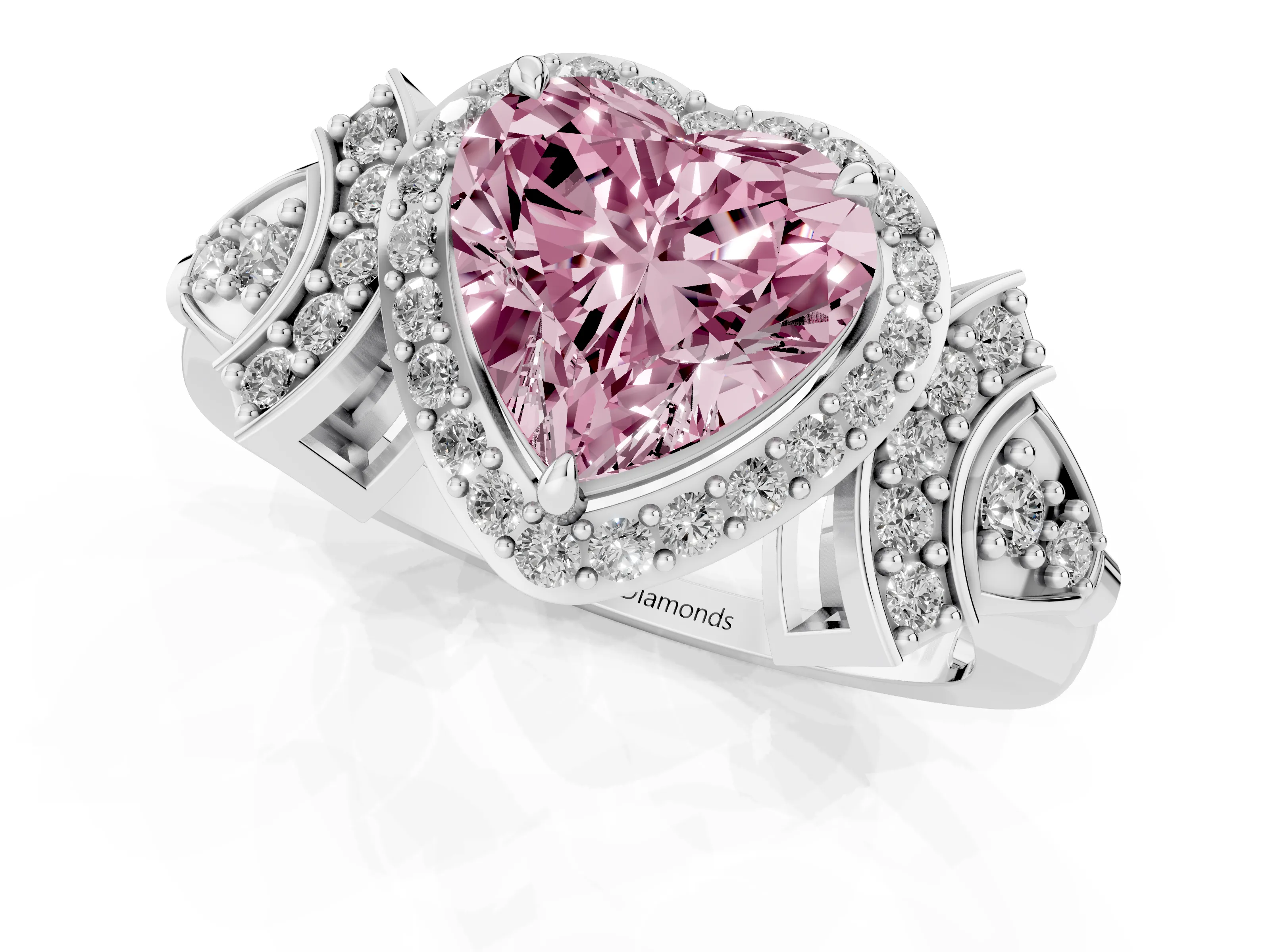 Fancy Pink Heart Cut Diamond Halo Engagement Ring Set in Platinum with Accent Stone Split Shank