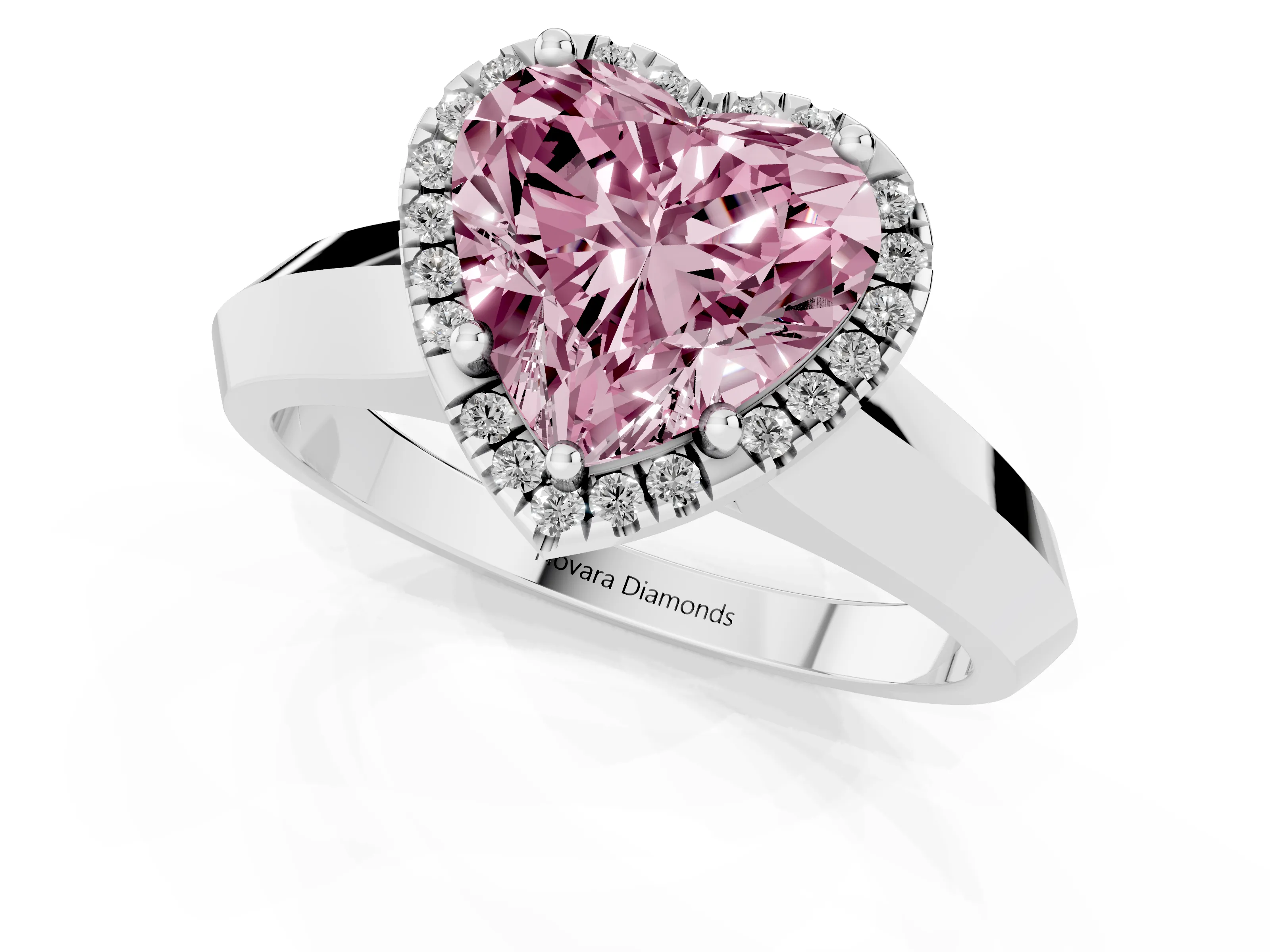 Fancy Pink Heart Cut Diamond Halo Ring Set in White gold with Cathedral Band and Prong Setting