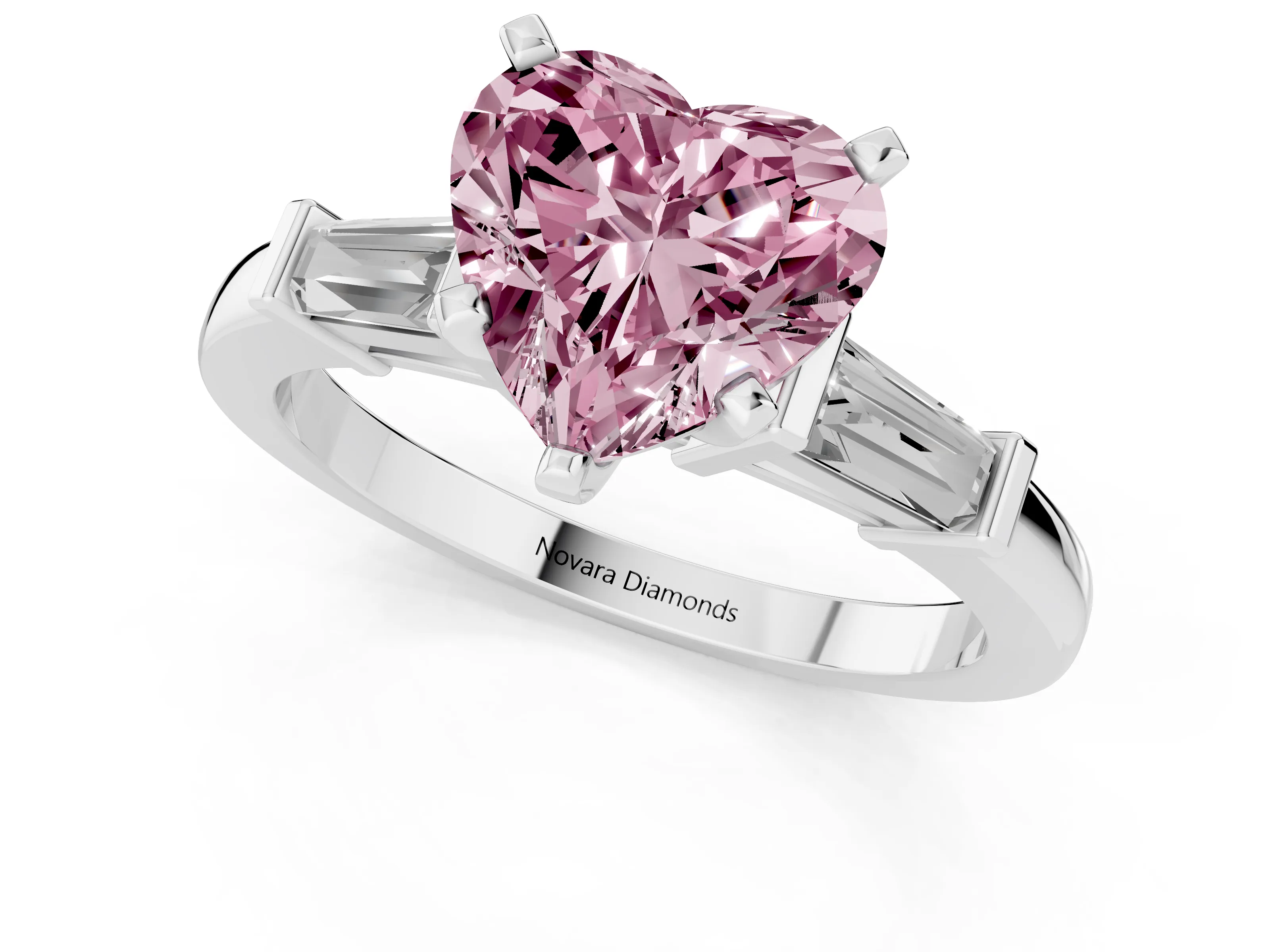 Fancy Pink Heart Cut Diamond Solitaire Ring Set in Silver with Tapered Baguette Accents and Prong Setting