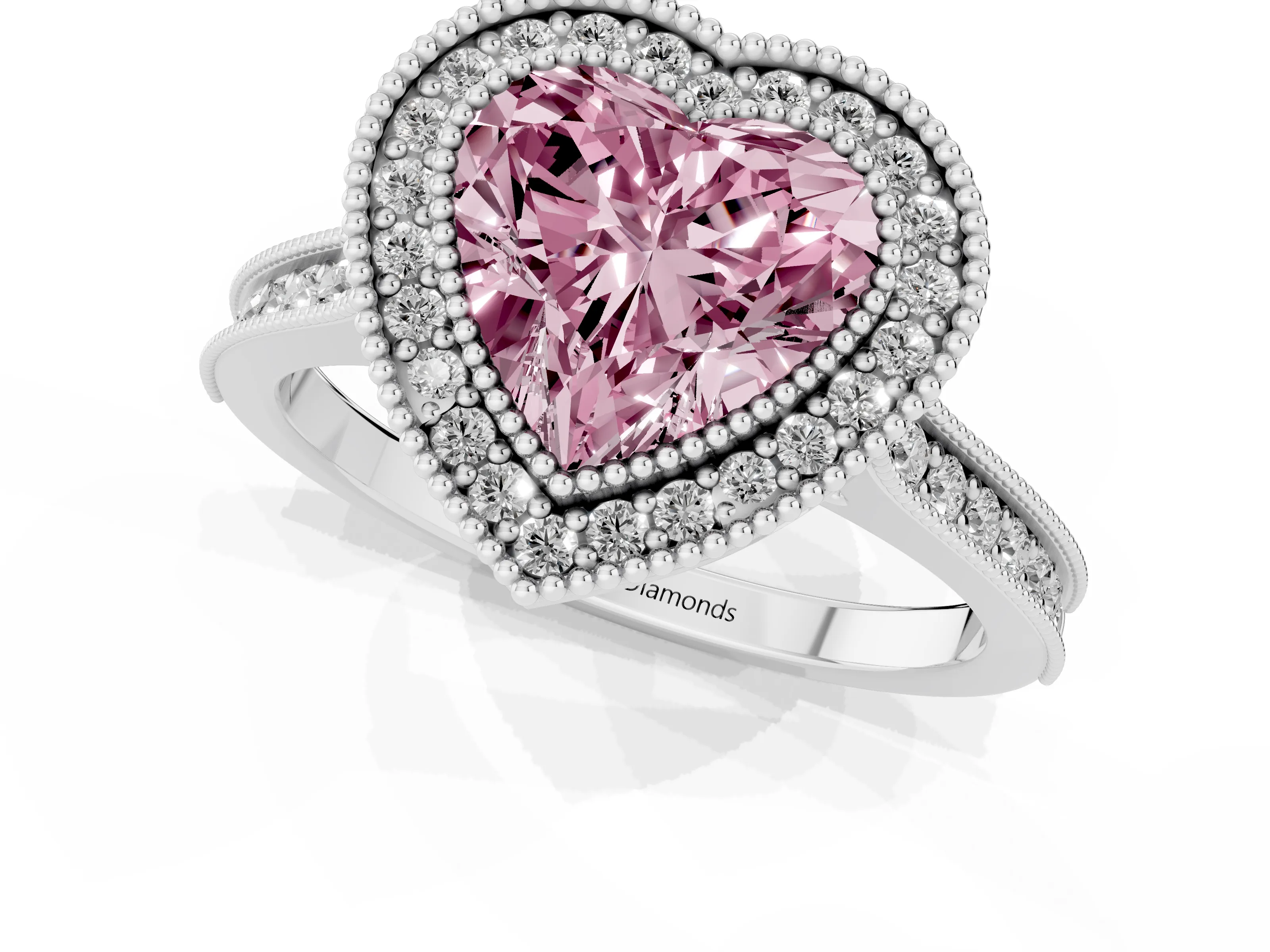 Fancy Pink Heart Cut Diamond Halo Milgrain Pavé Band Ring Set in Platinum with Prong Setting