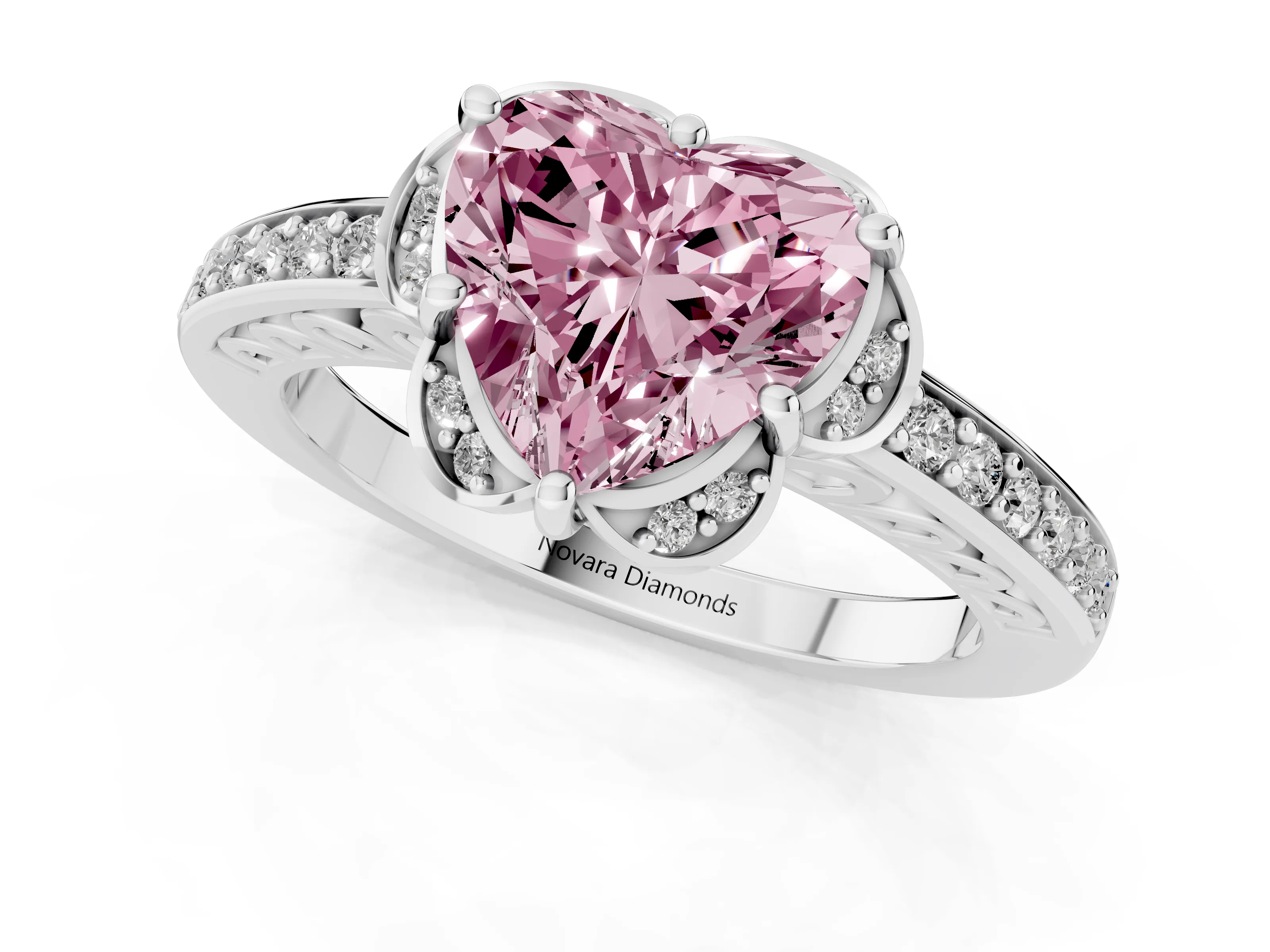 Fancy Pink Heart Cut Diamond Halo Ring Set in Platinum with Channel Set Band and Prong Setting