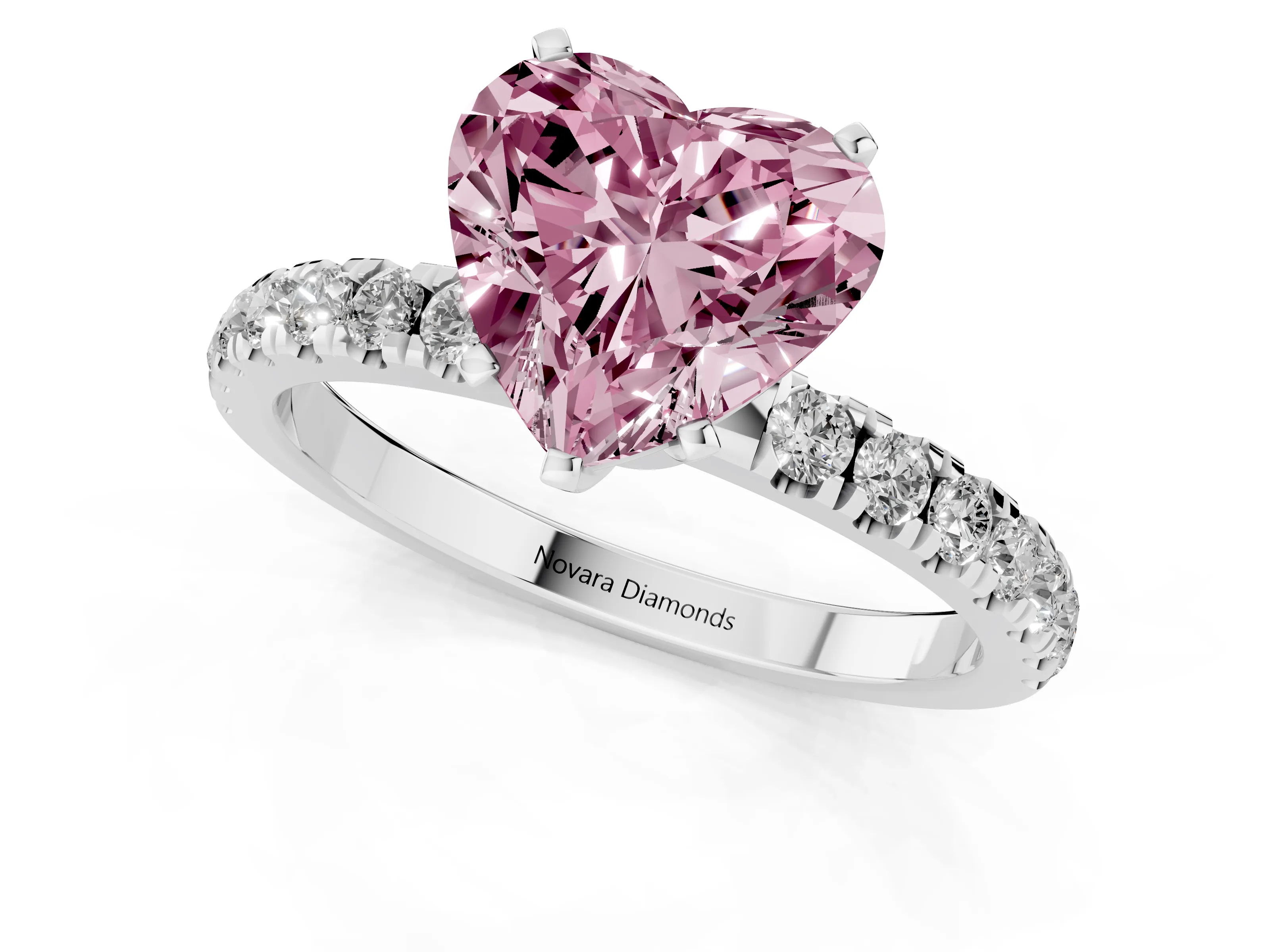 Fancy Pink Heart Cut Diamond Solitaire Ring Set in Silver with Pavé Accents and Prong Setting