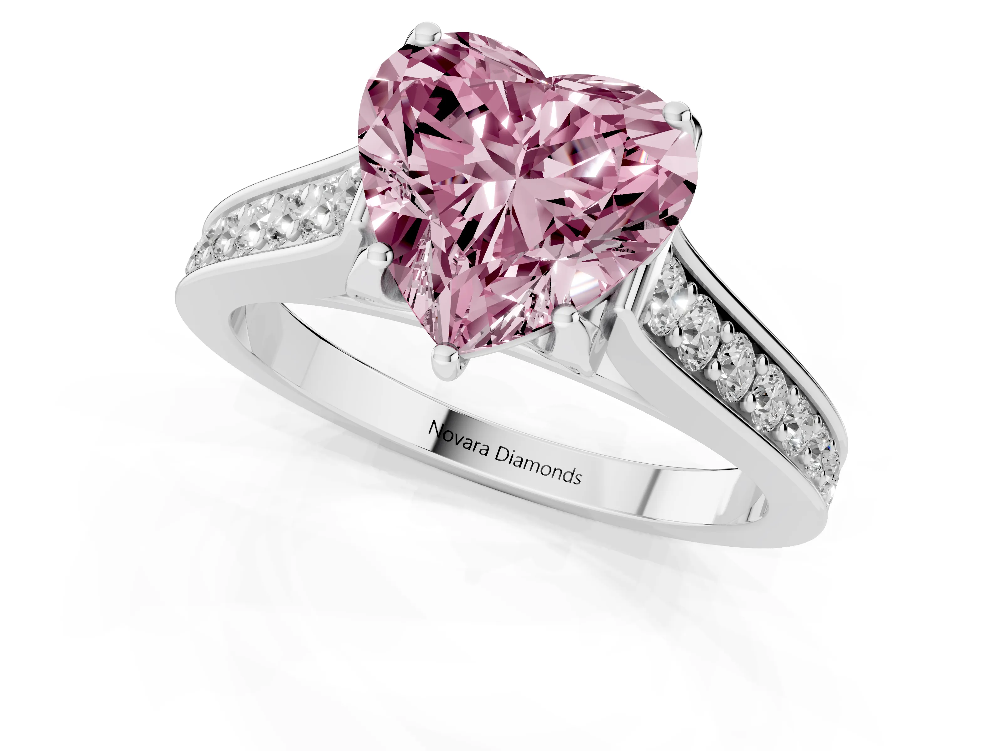 Fancy Pink Heart Cut Diamond Solitaire Pavé Engagement Ring Set in Platinum with Prong Setting
