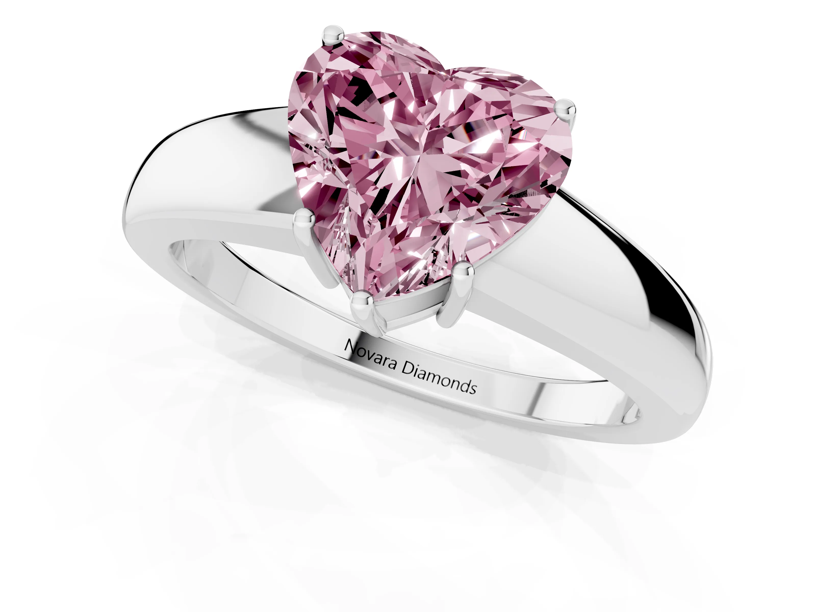 Fancy Pink Heart Cut Diamond Solitaire Ring Set in Silver with Tapered Band and Prong Setting