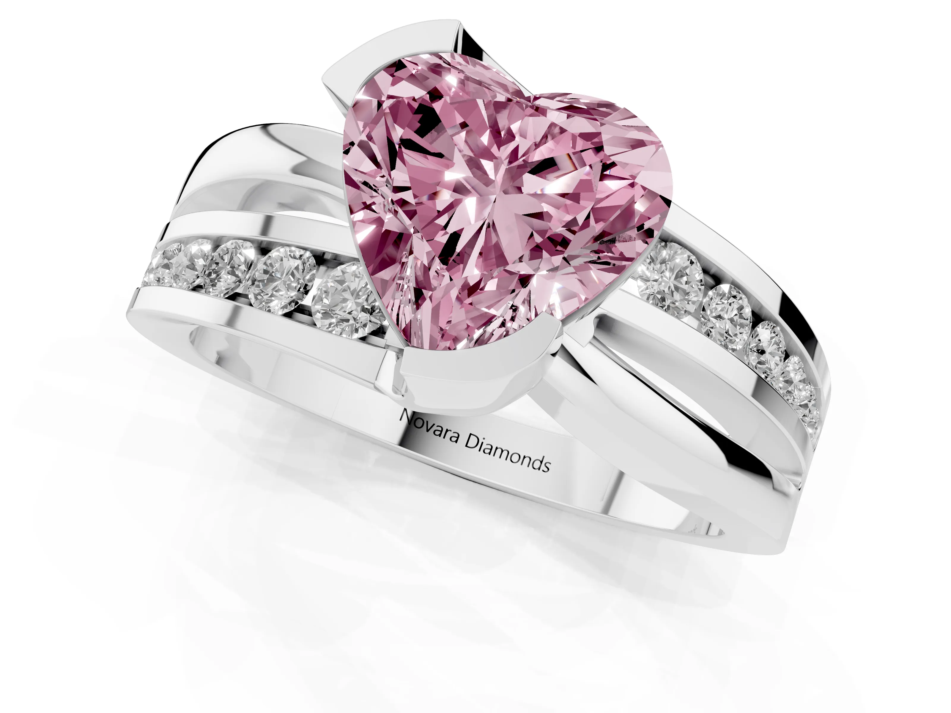 Fancy Pink Heart Cut Diamond Solitaire Ring Set in Platinum with Channel Set Split Shank and Tension Prongs