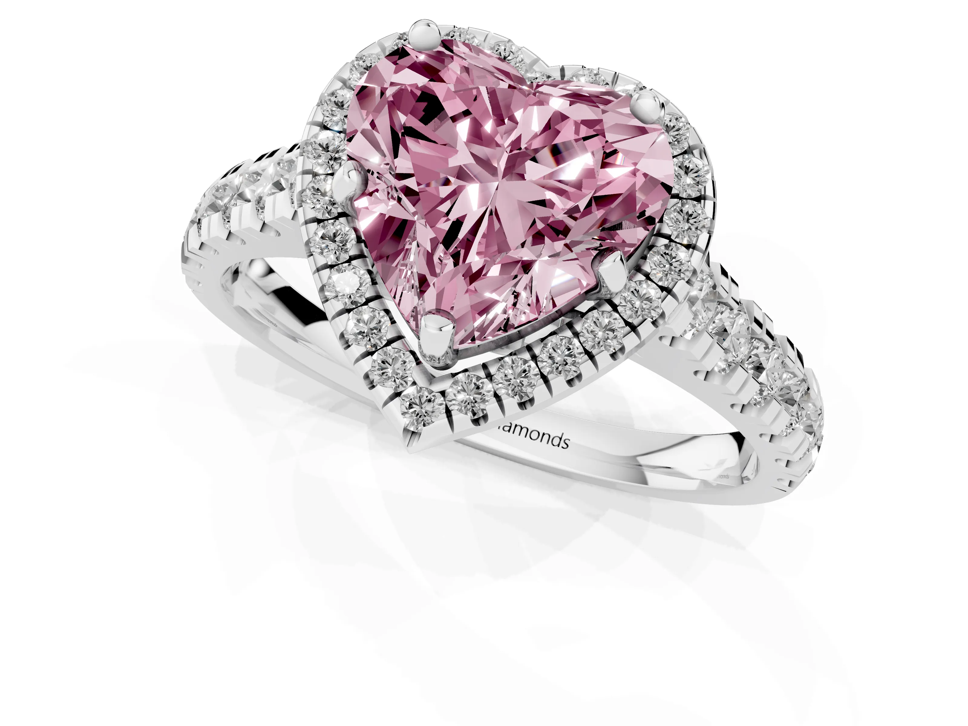Fancy Pink Heart Cut Diamond Halo Engagement Ring Set in Platinum with Pavé Band and Prong-Set Center