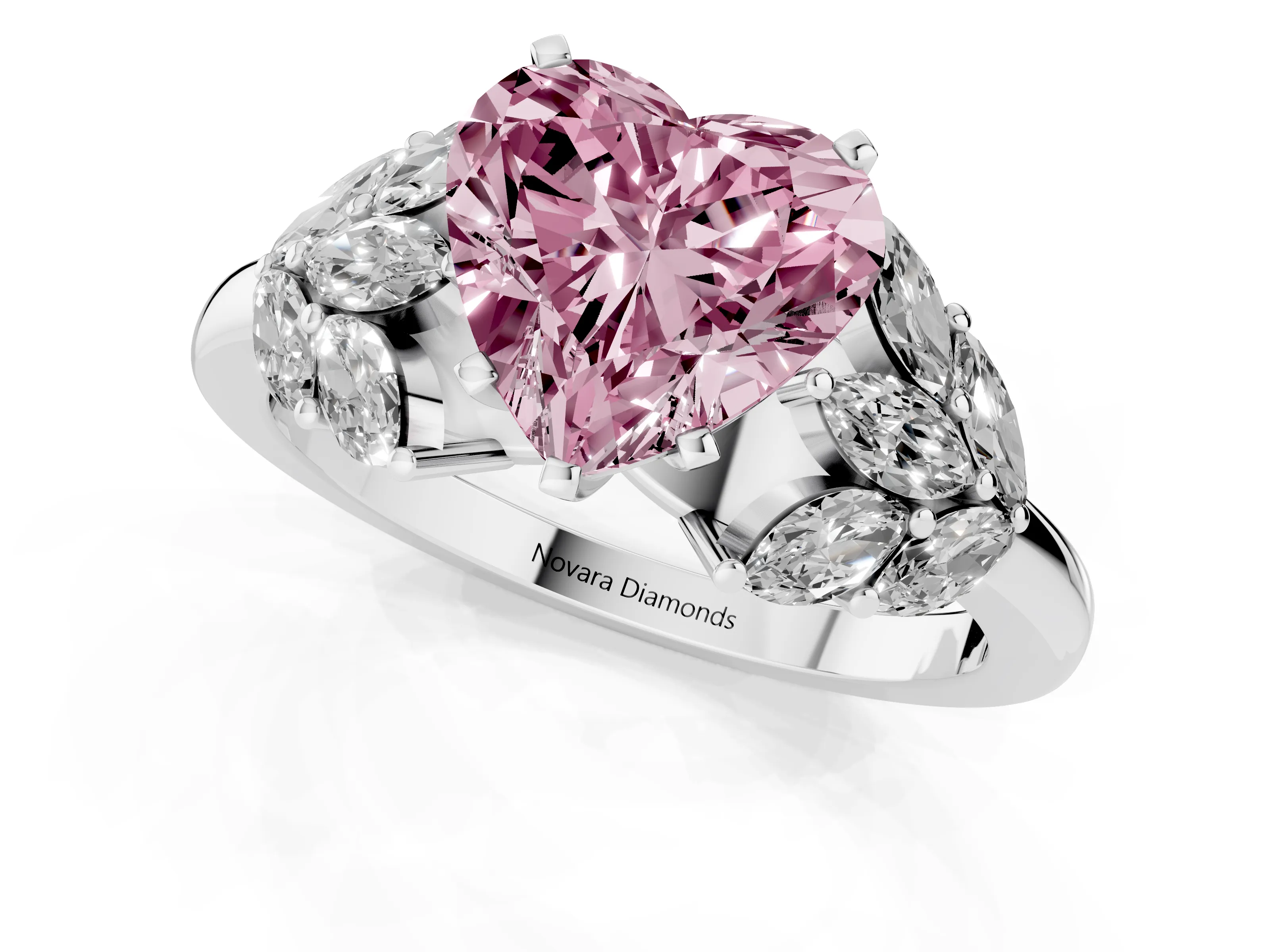 Fancy Pink Heart Cut Diamond Cluster Leaf Design Ring Set in Silver with Prong Setting